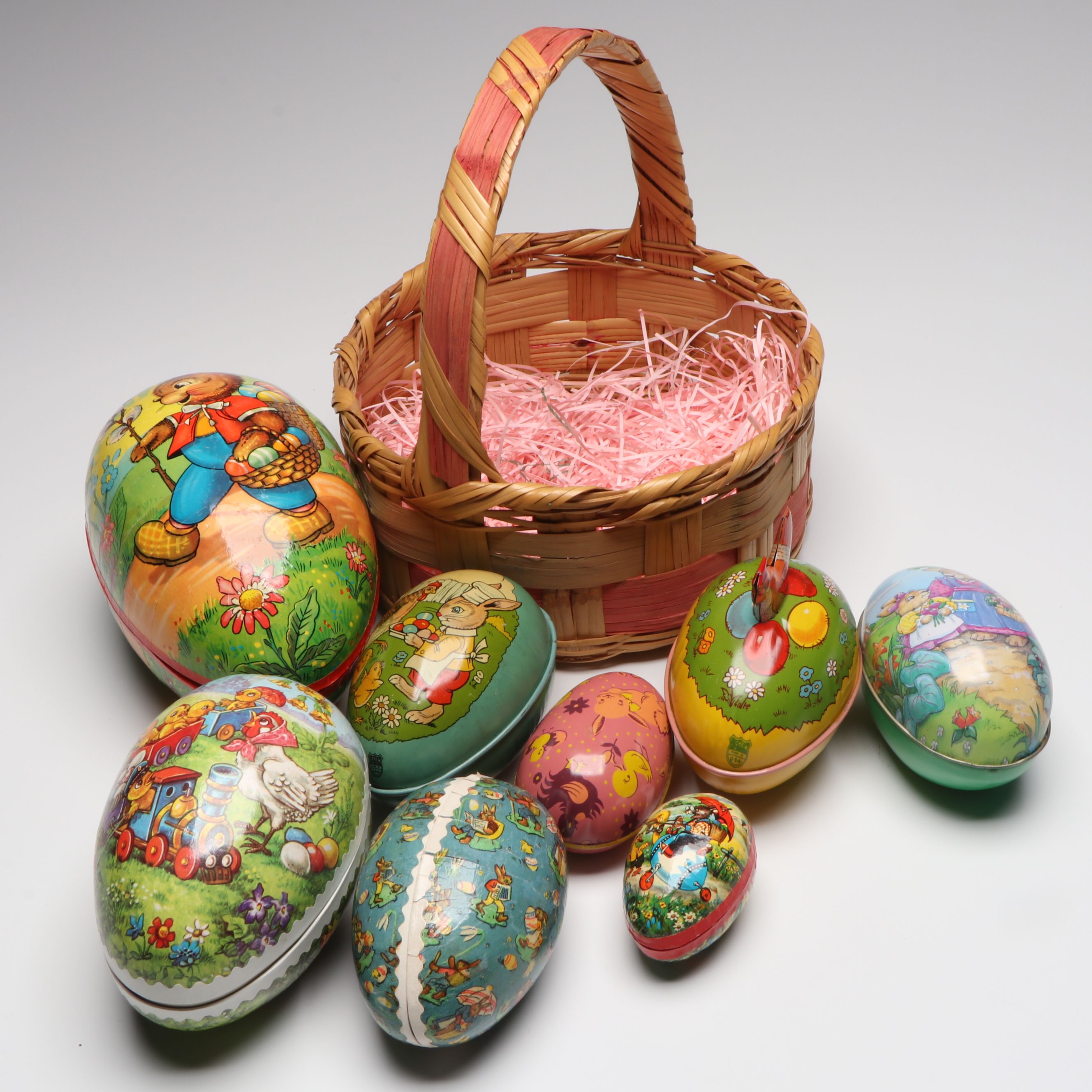 Papier-Mâché Nesting Eggs with Tin Litho Egg Boxes and Basket