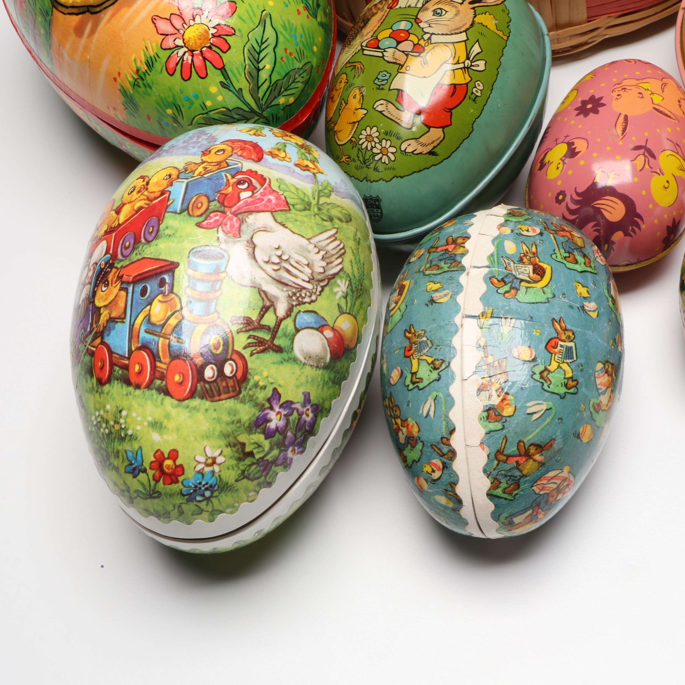 Papier-Mâché Nesting Eggs with Tin Litho Egg Boxes and Basket