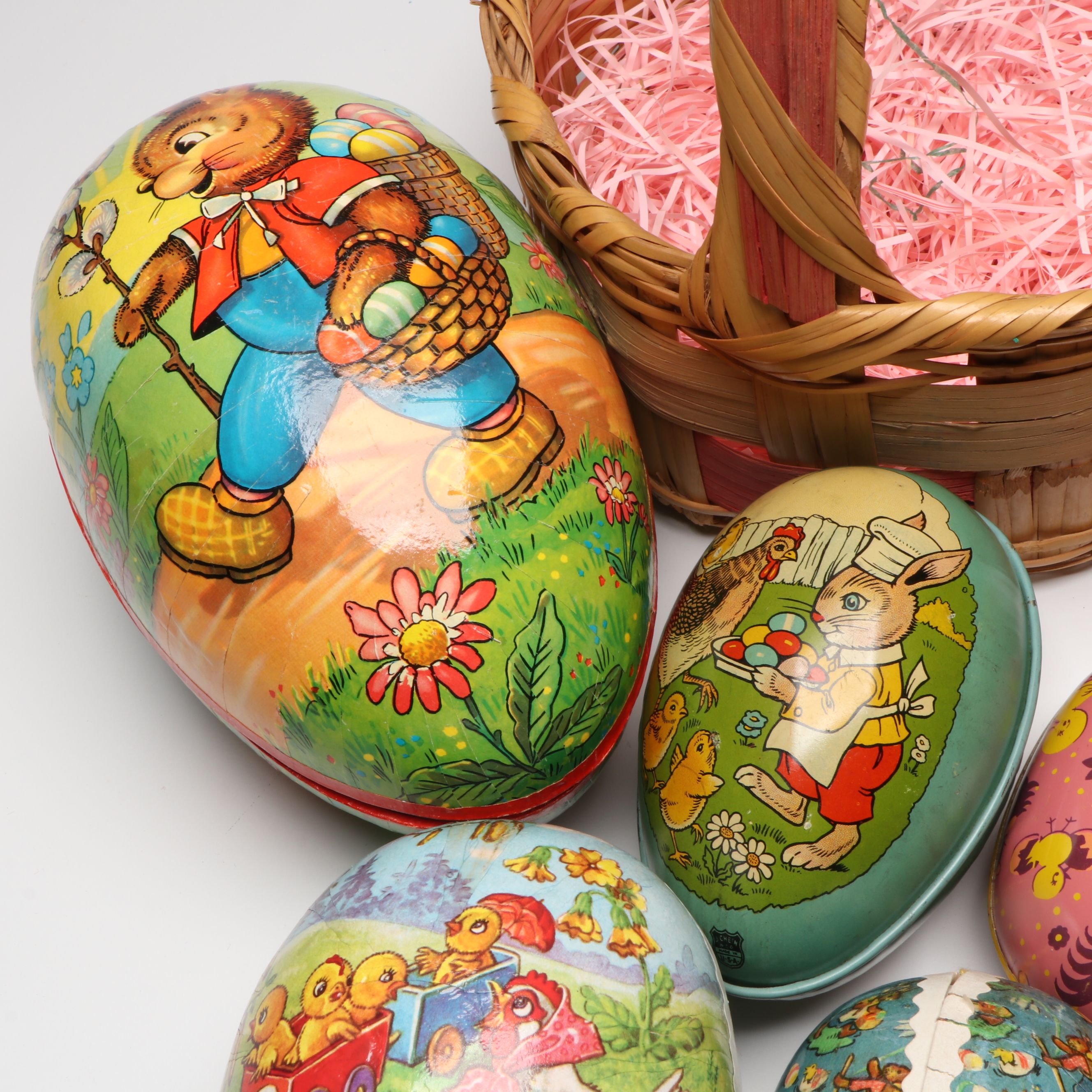 Papier-Mâché Nesting Eggs with Tin Litho Egg Boxes and Basket