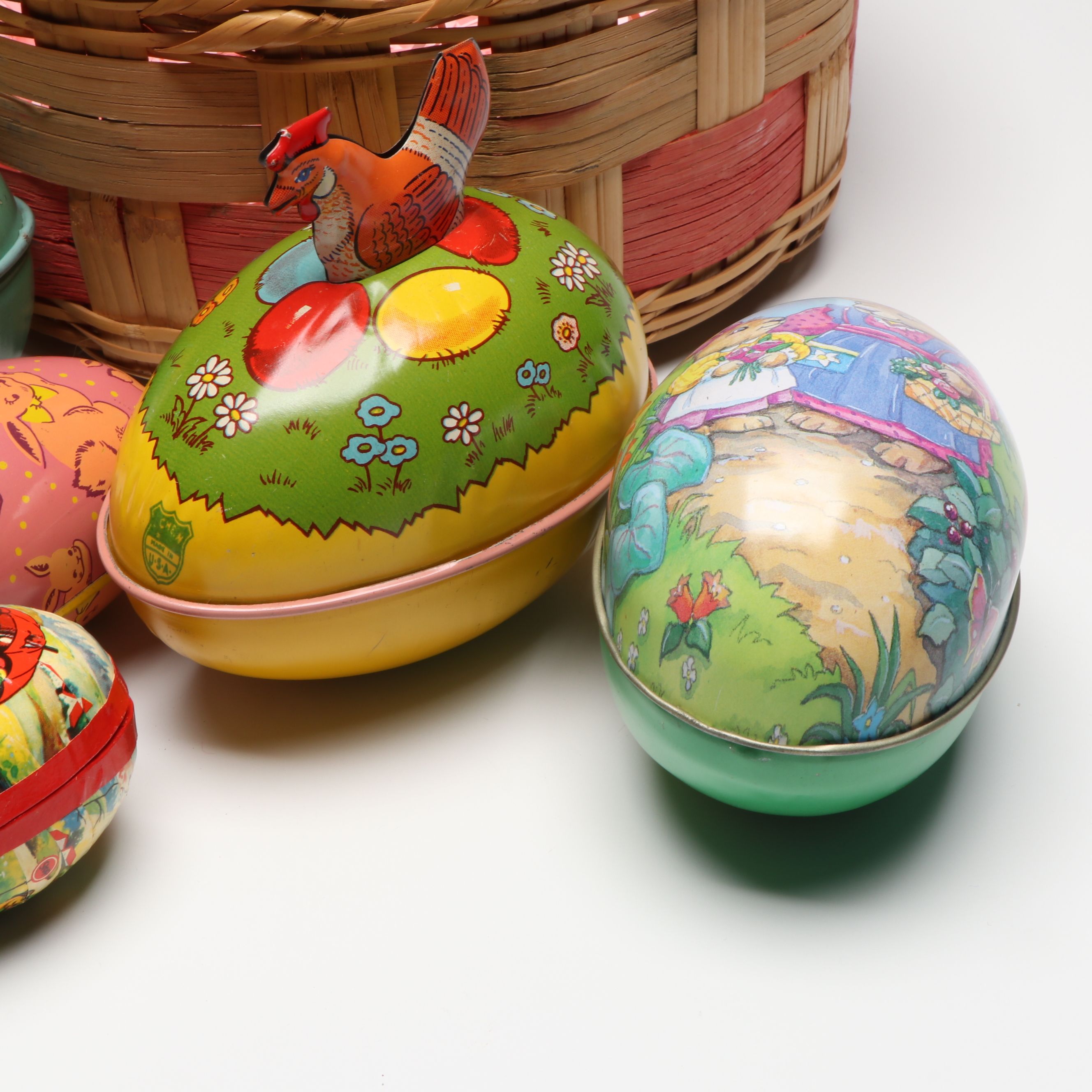 Papier-Mâché Nesting Eggs with Tin Litho Egg Boxes and Basket