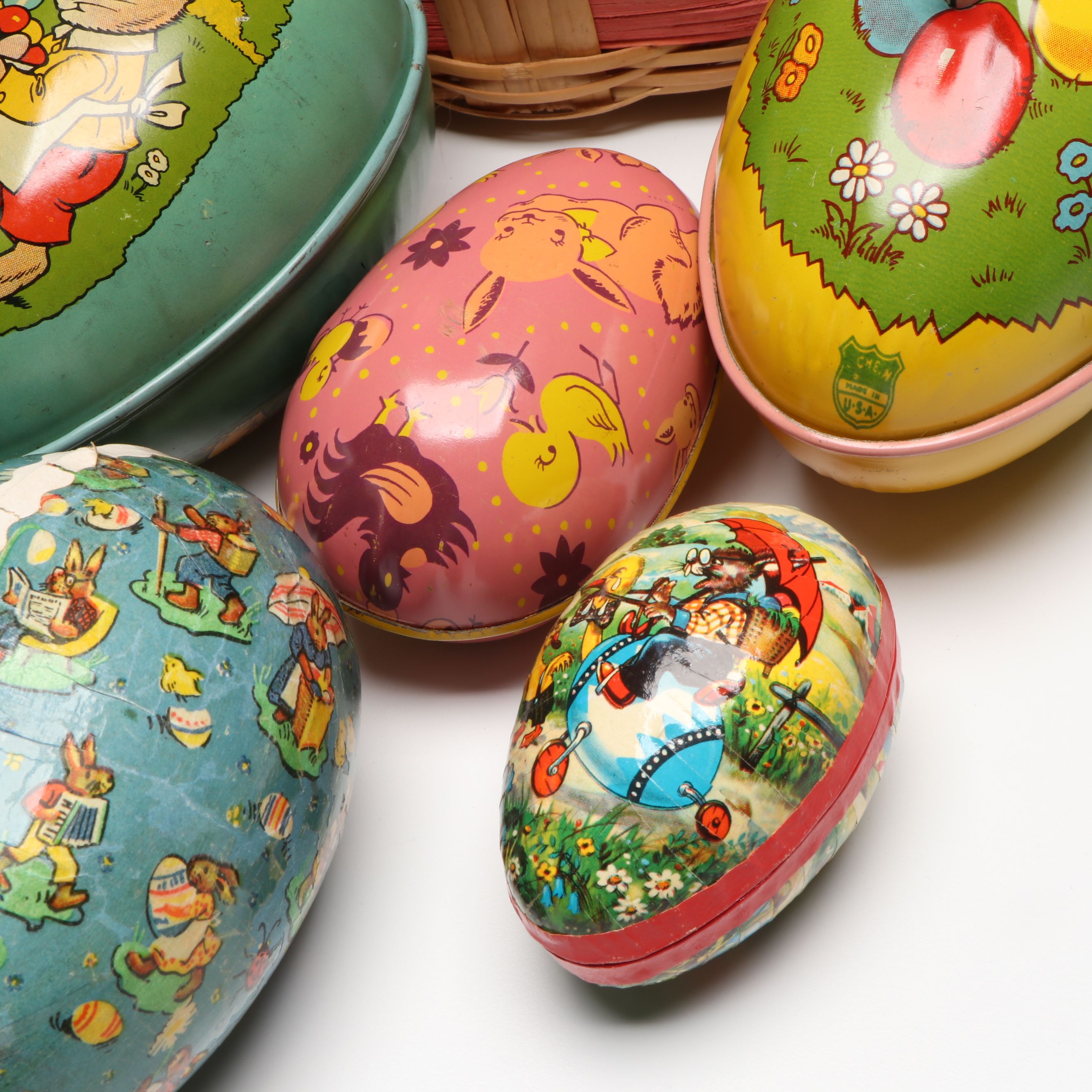 Papier-Mâché Nesting Eggs with Tin Litho Egg Boxes and Basket