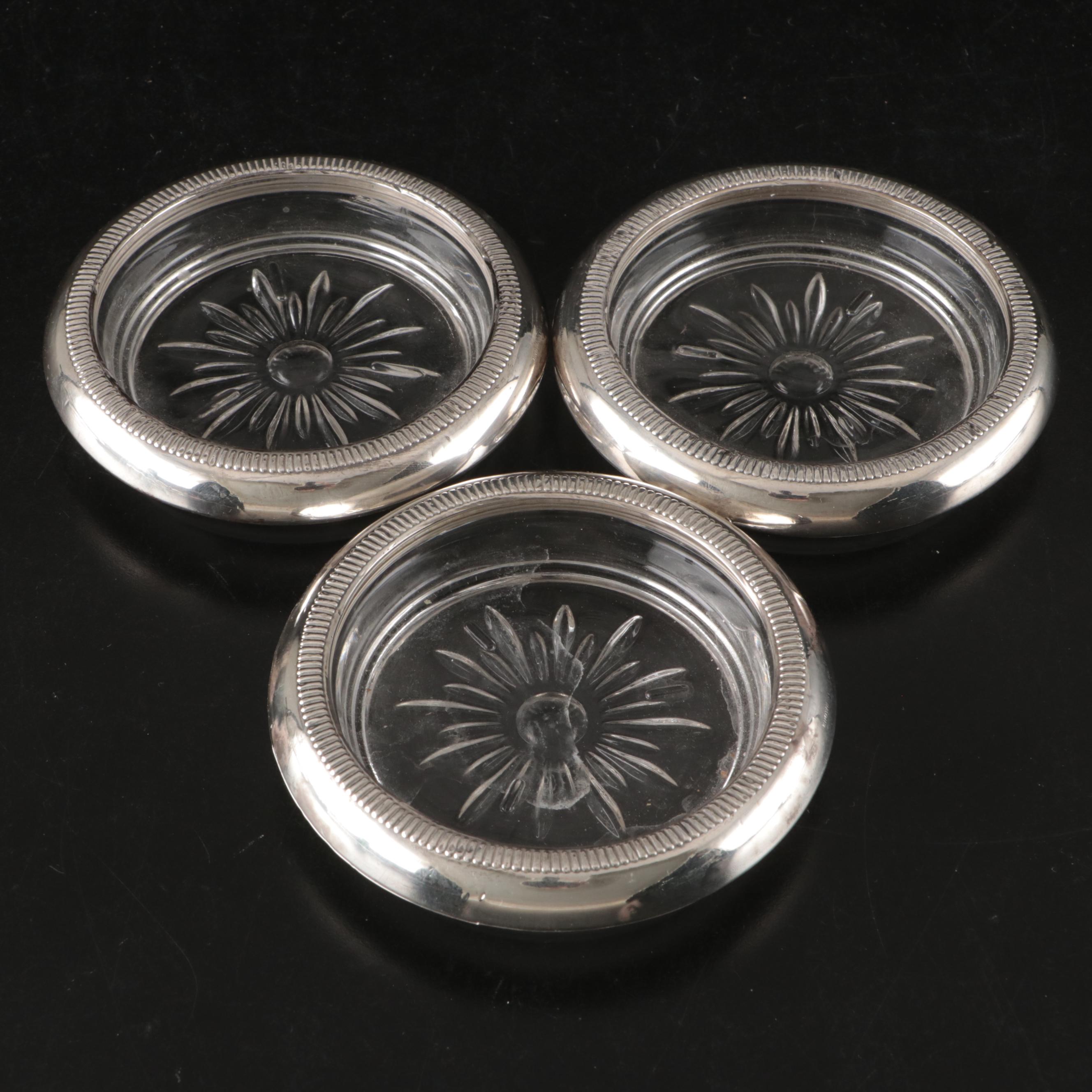 Frank M. Whiting Sterling Silver and Crystal Coasters, Early to Mid-20th Century