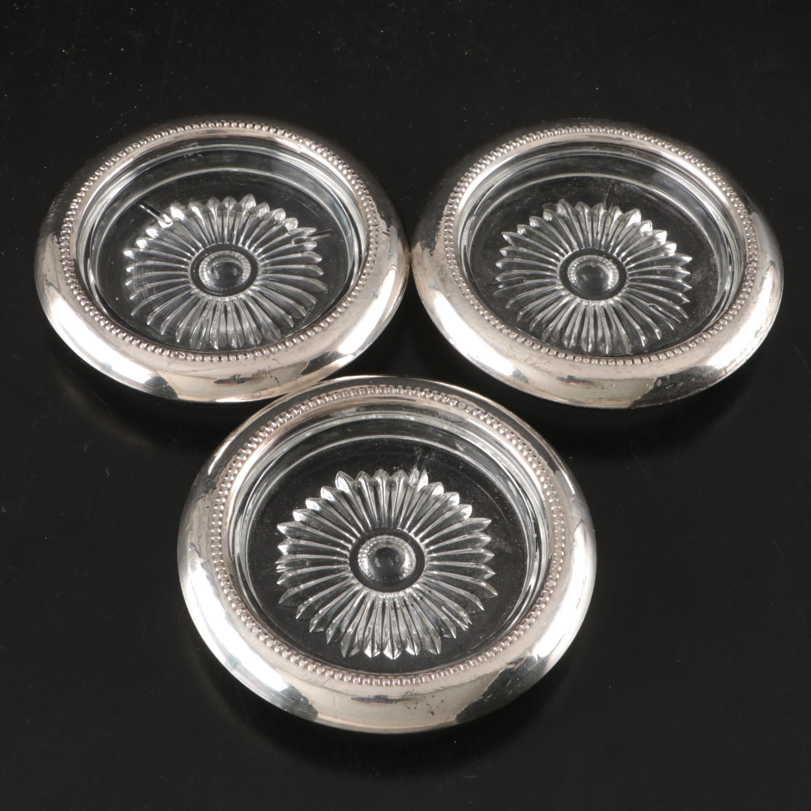 Frank M. Whiting Sterling Silver and Crystal Coasters, Early to Mid-20th Century