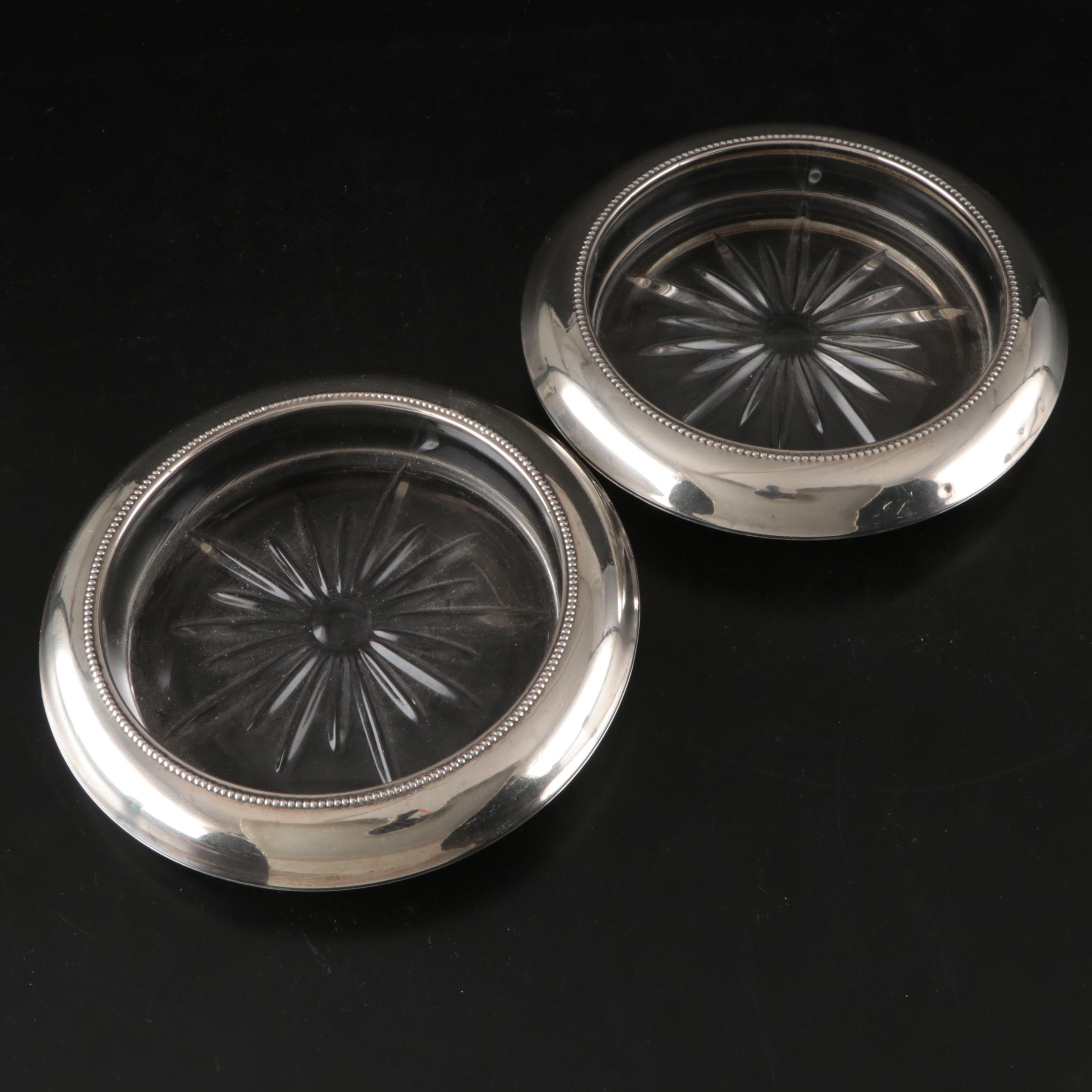 Frank M. Whiting Sterling Silver and Crystal Coasters, Early to Mid-20th Century