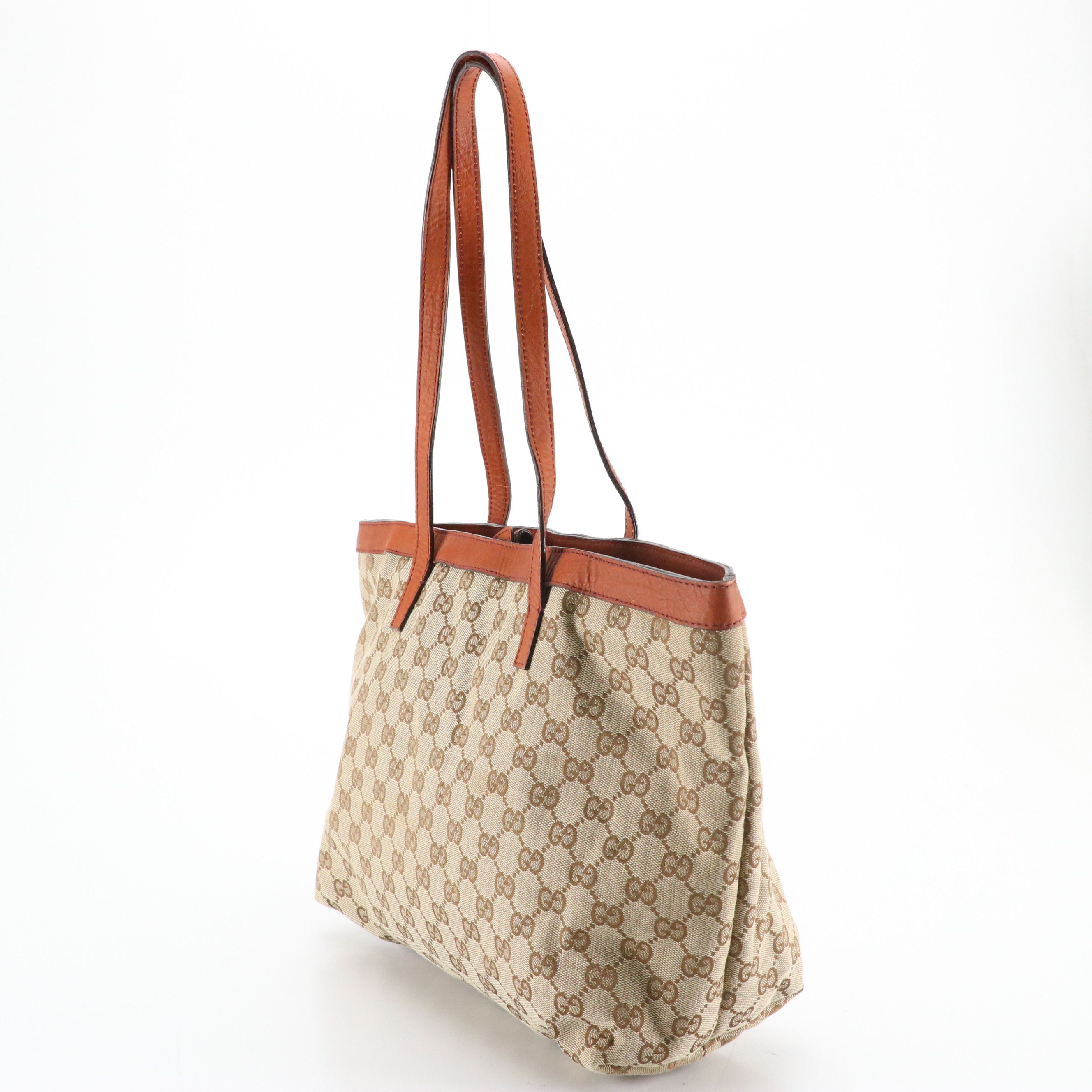 Gucci Shoulder Tote Bag in GG Canvas and Burnt Orange Leather Trim