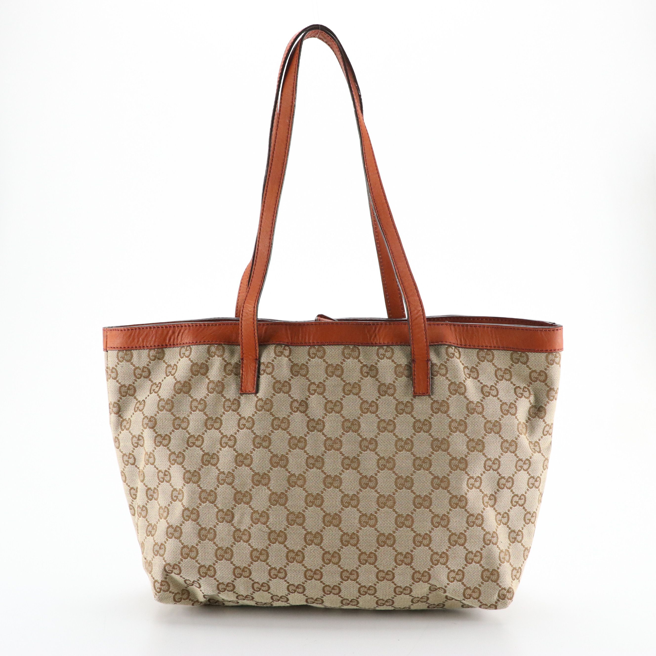 Gucci Shoulder Tote Bag in GG Canvas and Burnt Orange Leather Trim