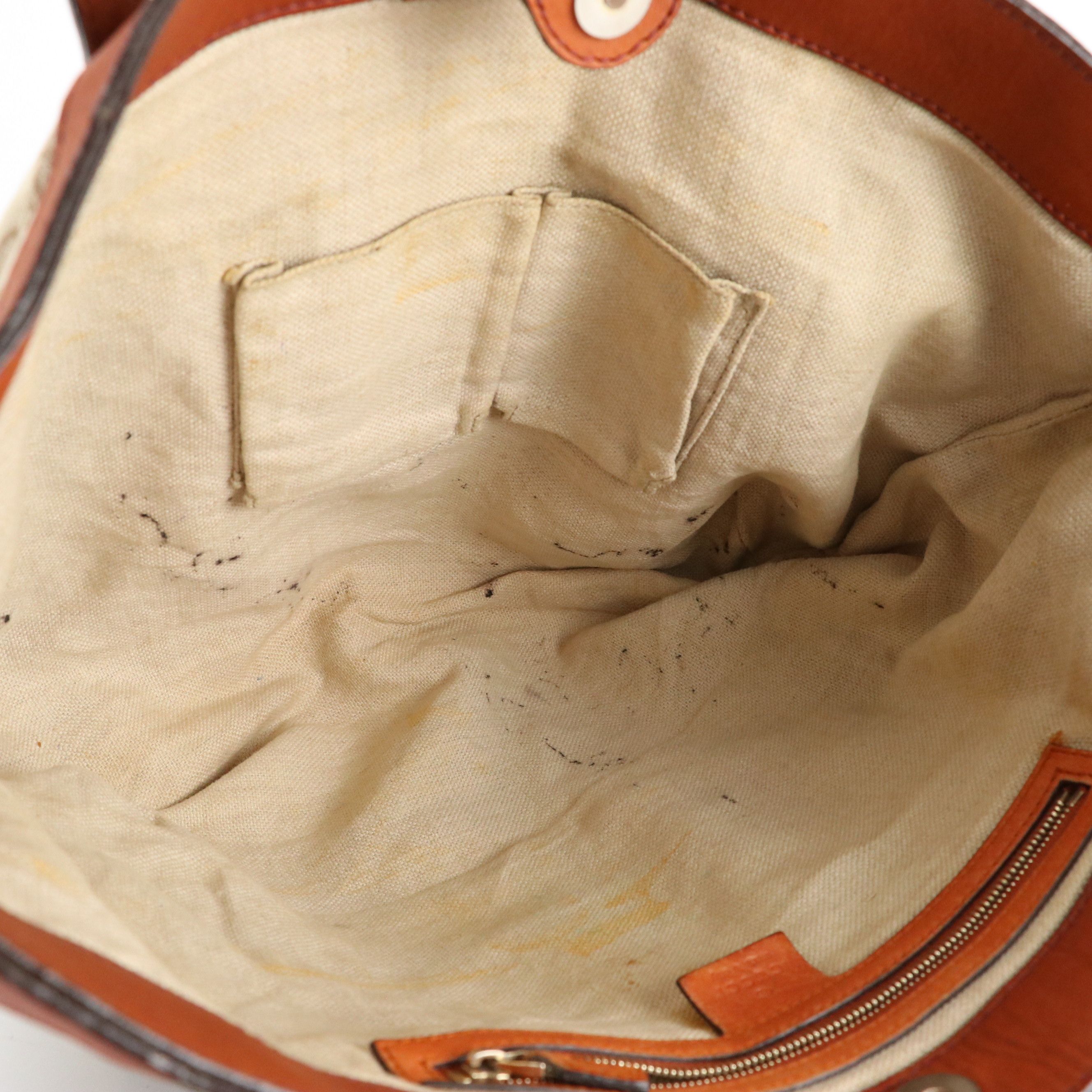 Gucci Shoulder Tote Bag in GG Canvas and Burnt Orange Leather Trim