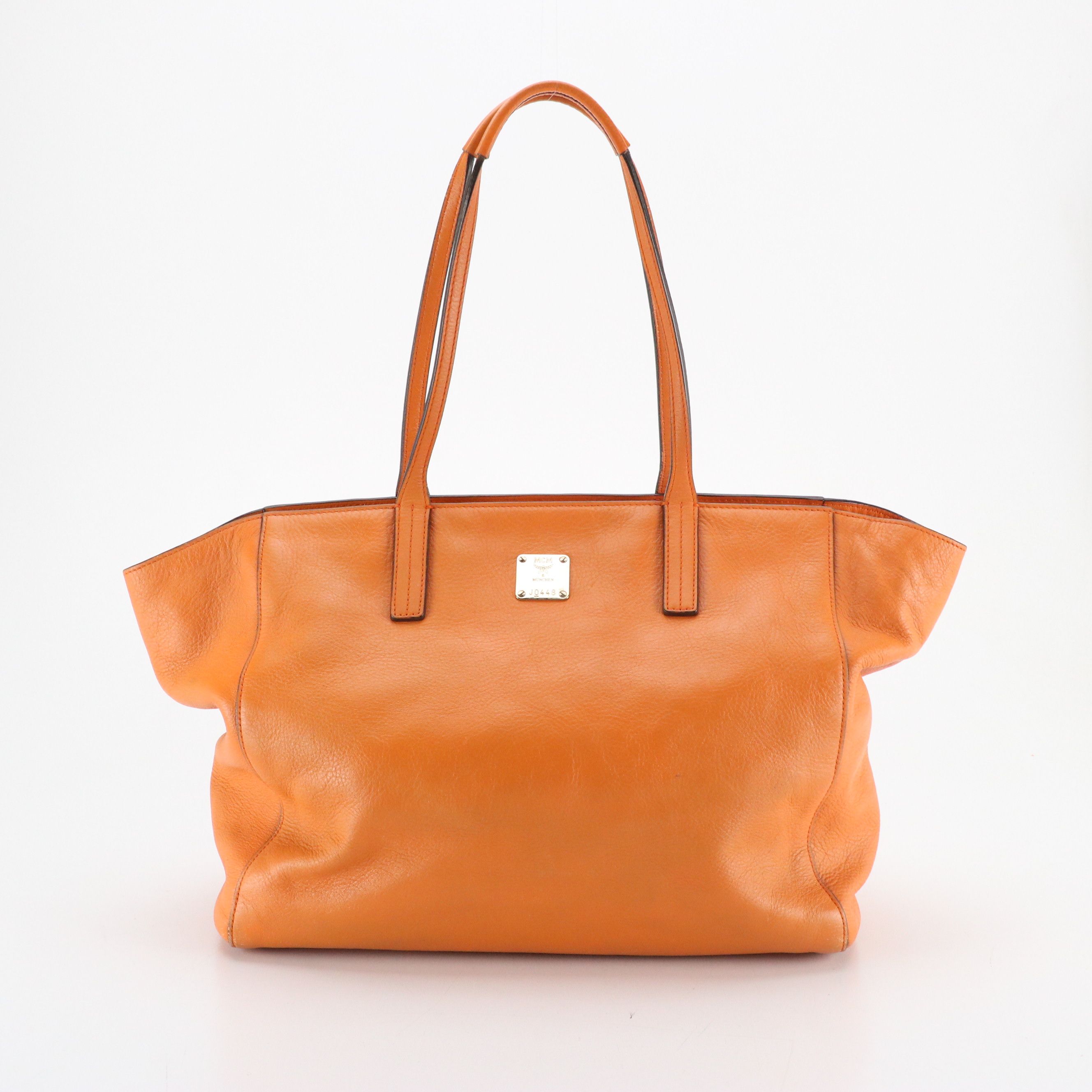 MCM Large Tote Bag in Orange Grained Calfskin Leather
