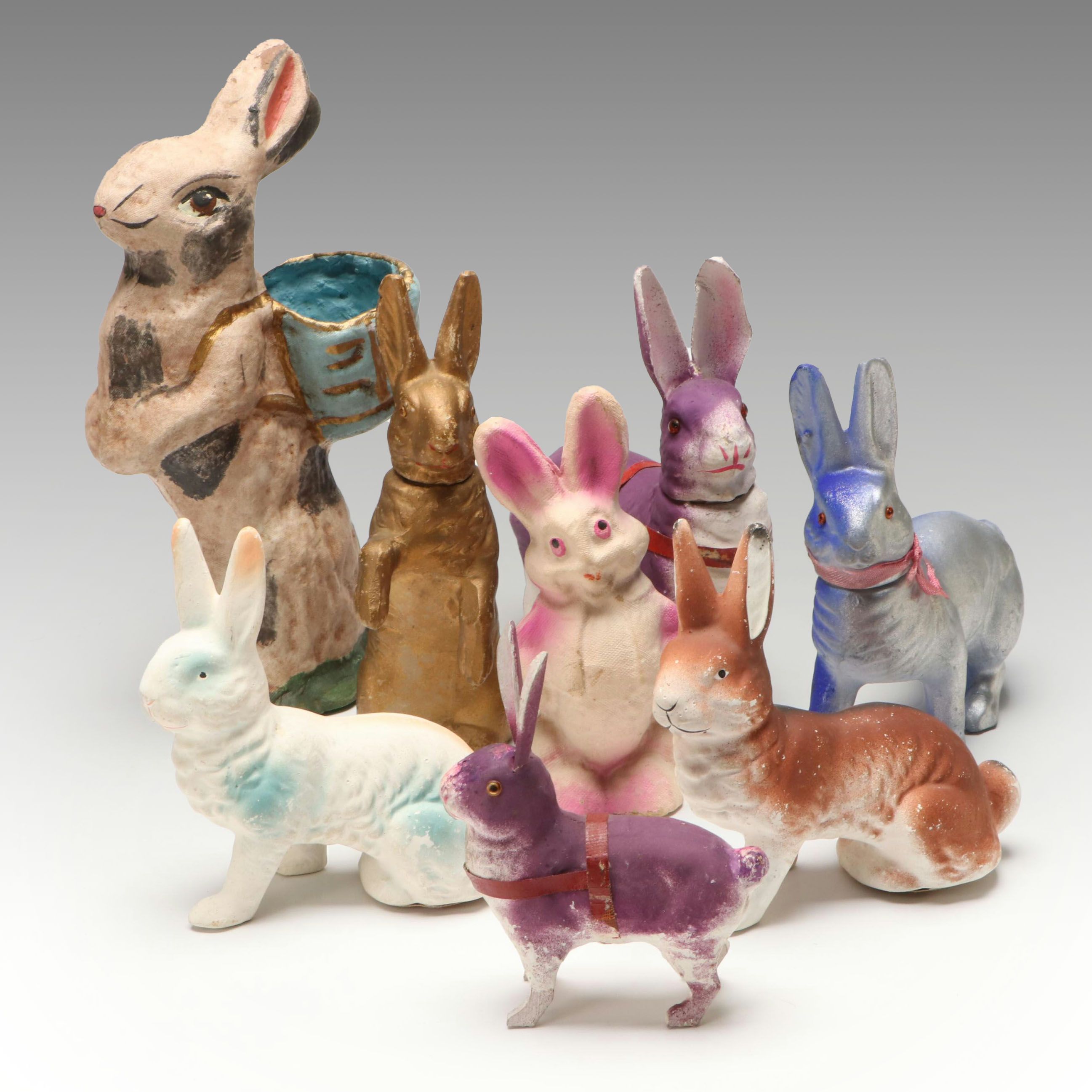 German with Other Papier-Mâché Easter Bunny Candy Containers, Mid-20th Century