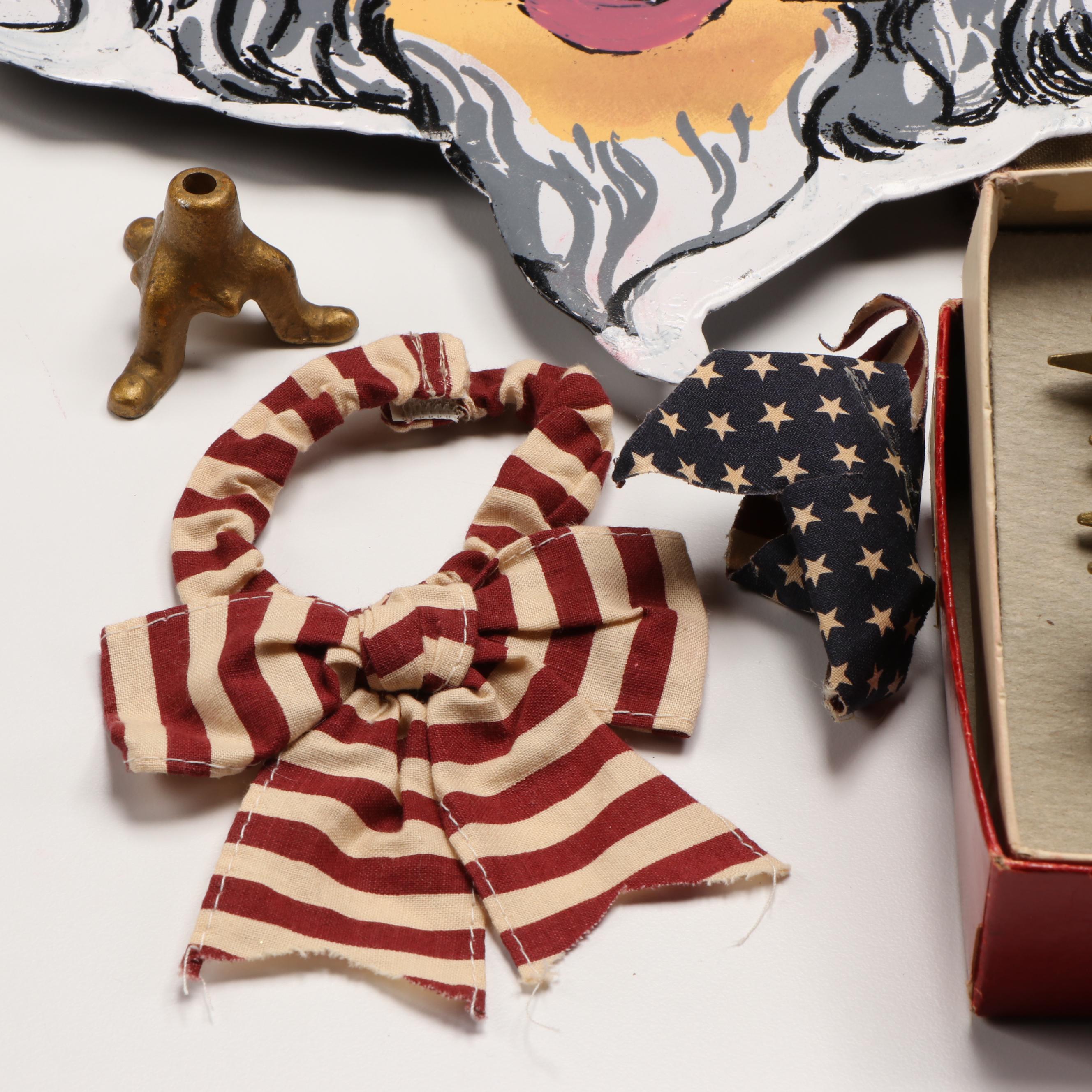 Carved Wood Uncle Sam and Fish Figures with Other Vintage Fourth of July Décor