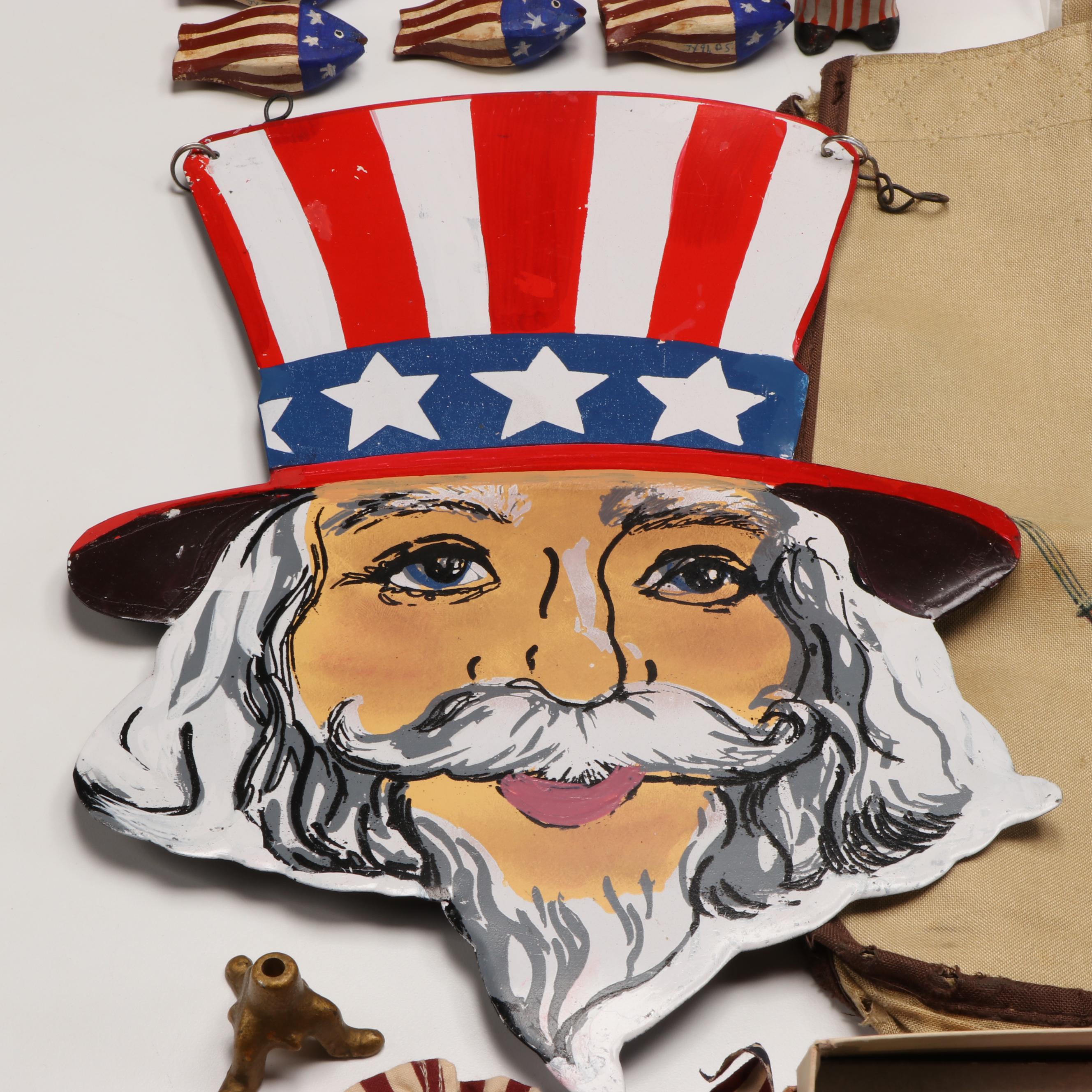 Carved Wood Uncle Sam and Fish Figures with Other Vintage Fourth of July Décor
