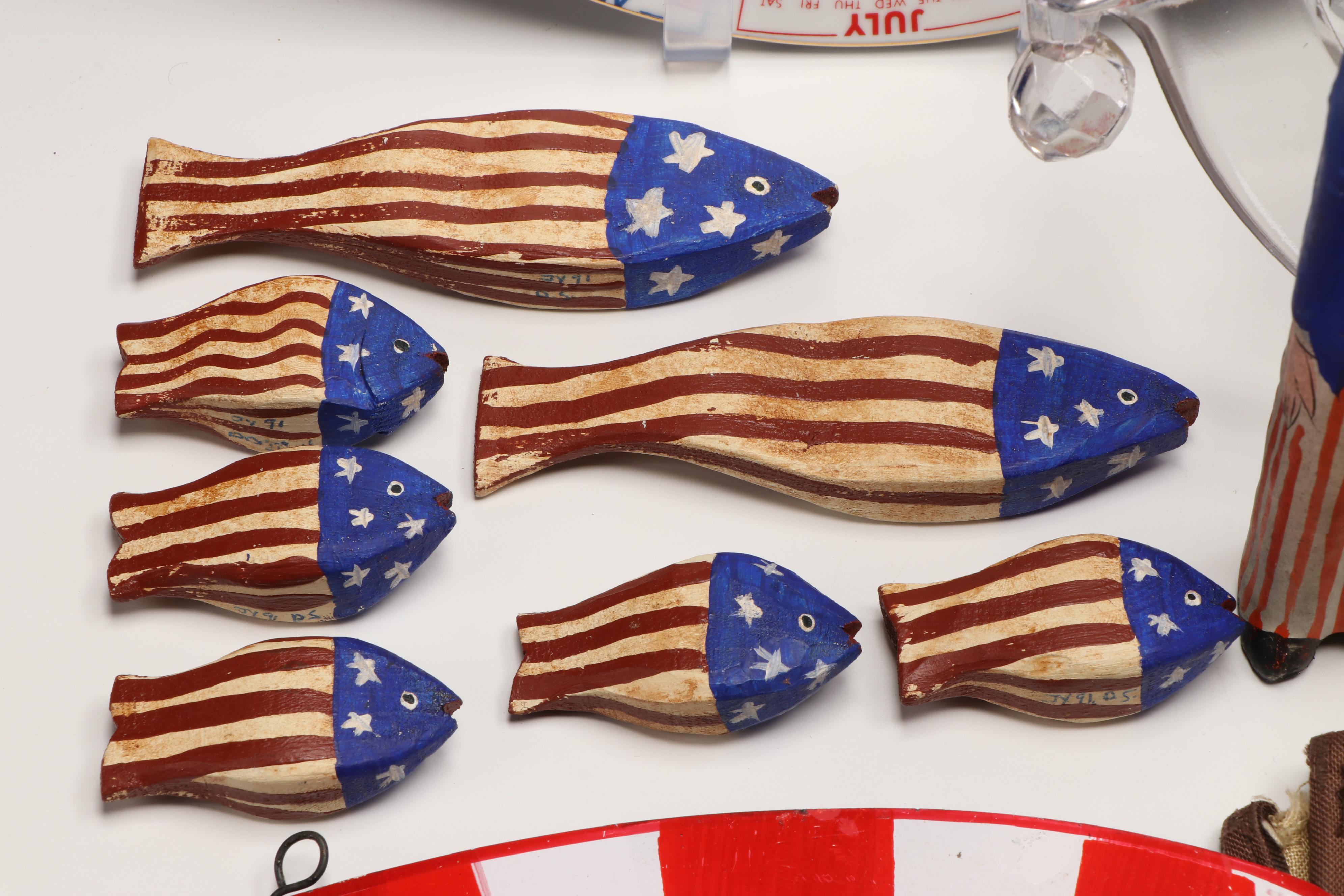 Carved Wood Uncle Sam and Fish Figures with Other Vintage Fourth of July Décor