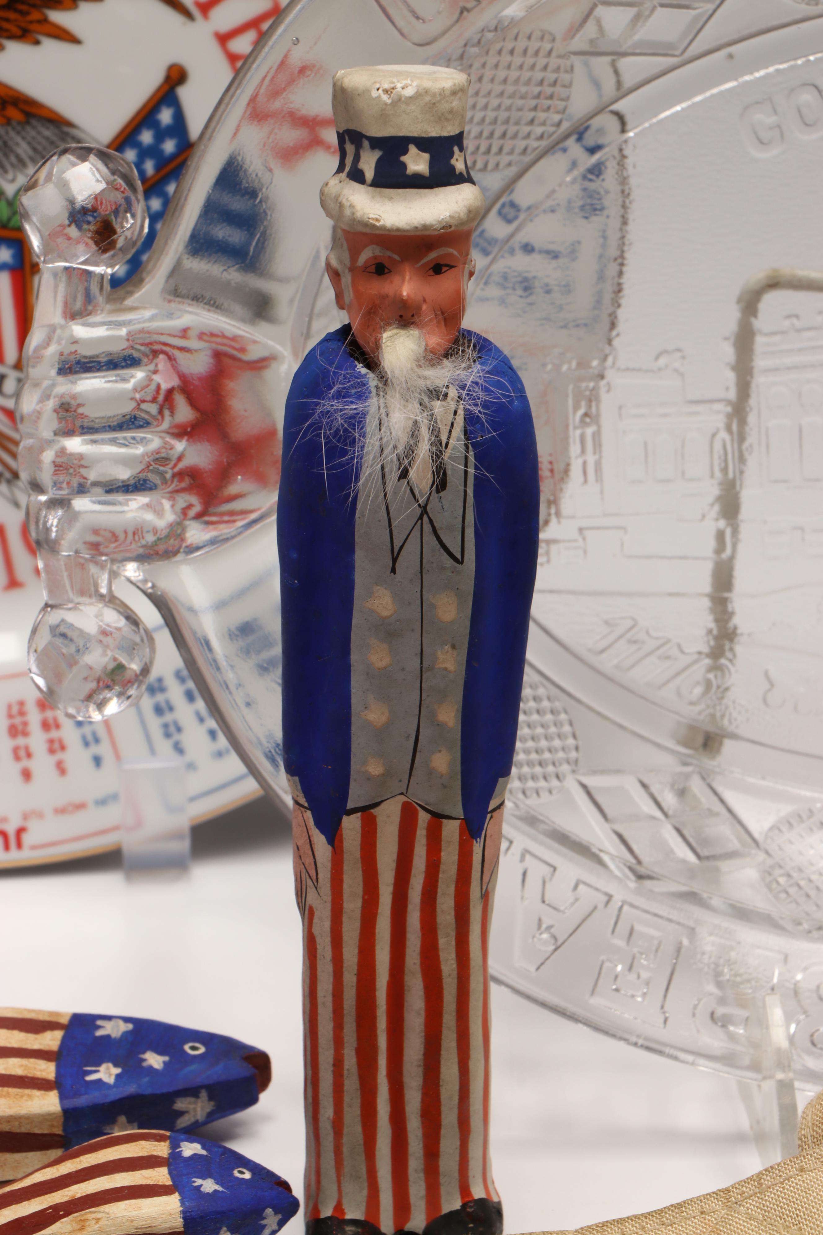 Carved Wood Uncle Sam and Fish Figures with Other Vintage Fourth of July Décor