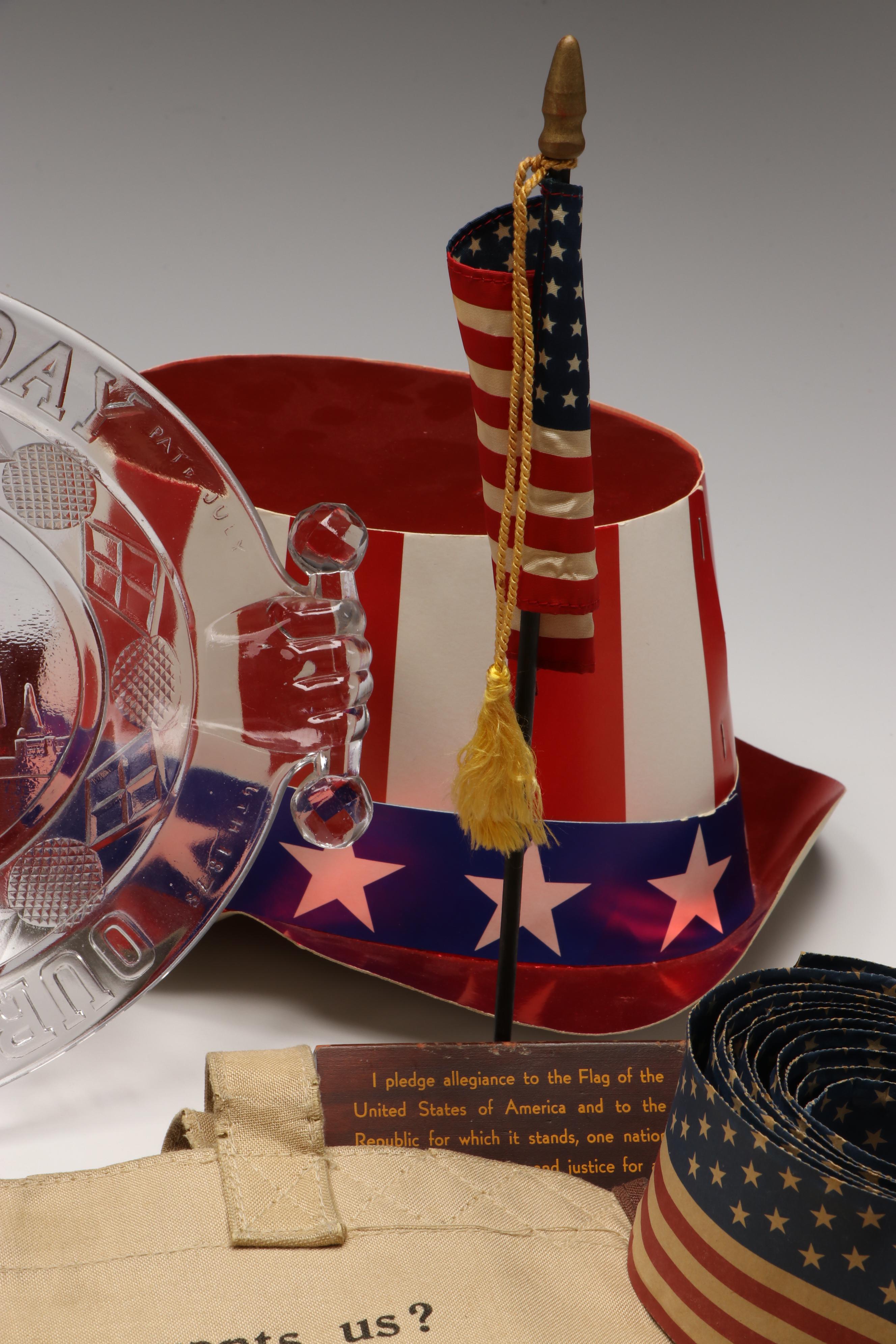 Carved Wood Uncle Sam and Fish Figures with Other Vintage Fourth of July Décor