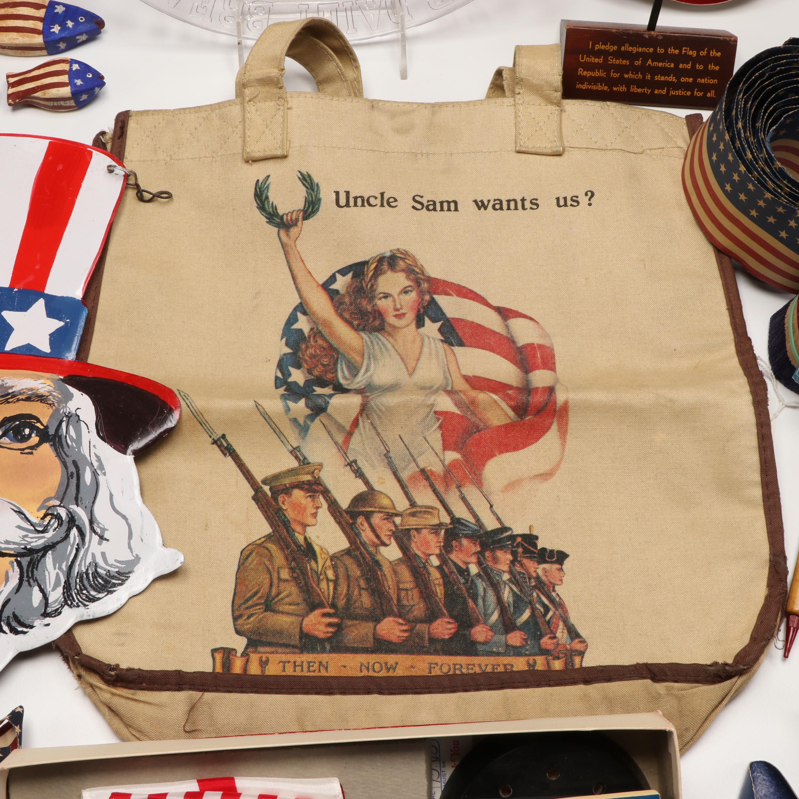 Carved Wood Uncle Sam and Fish Figures with Other Vintage Fourth of July Décor