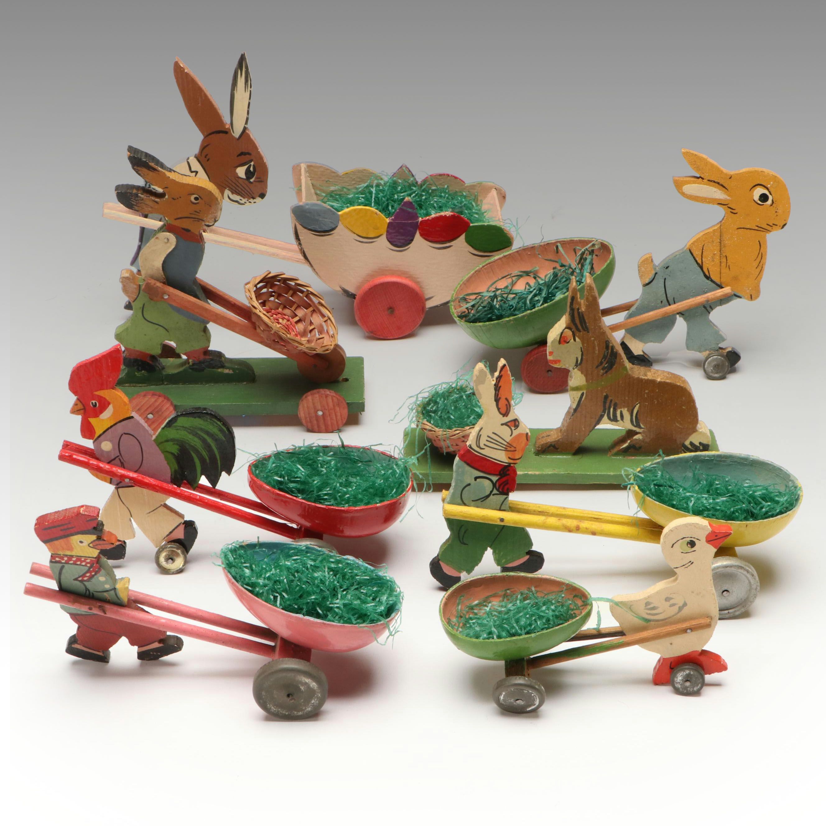 German with Other Wooden Easter Wheelbarrow Toys, Mid-20th Century
