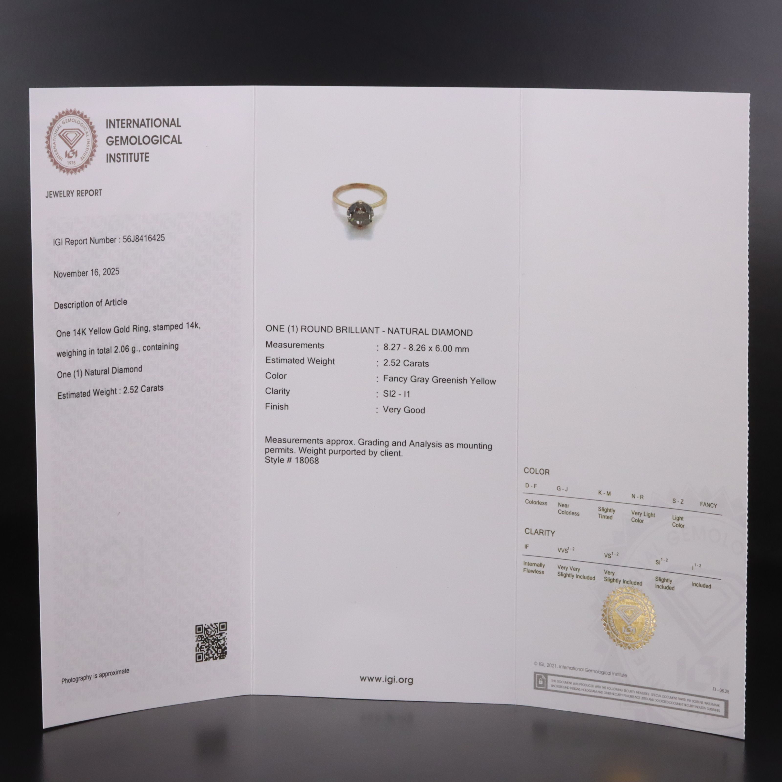 14K 2.52 CT Fancy Diamond Solitaire Ring with IGI Report