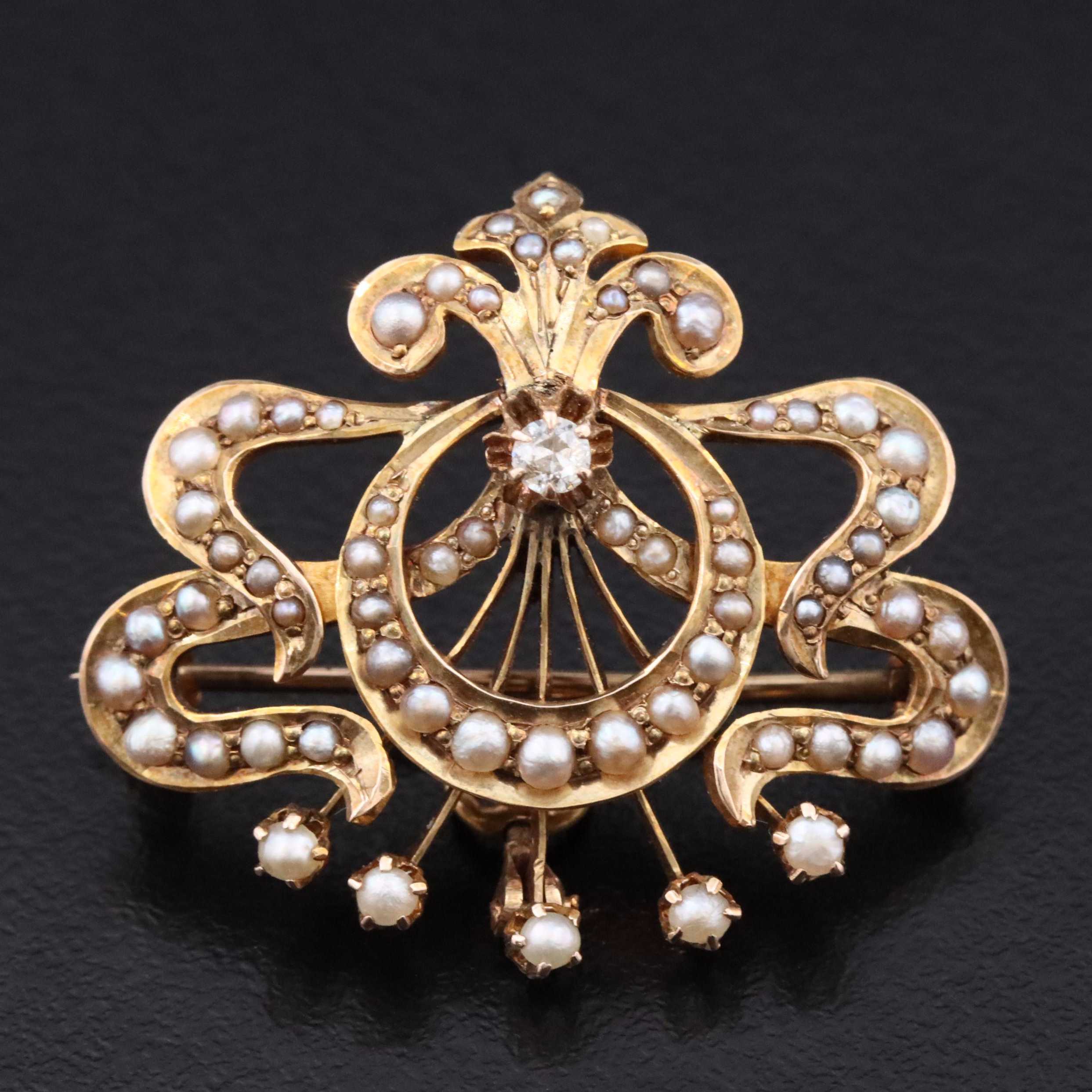 Art Nouveau 10K Diamond and Seed Pearl Crescent Converter Watch Pin
