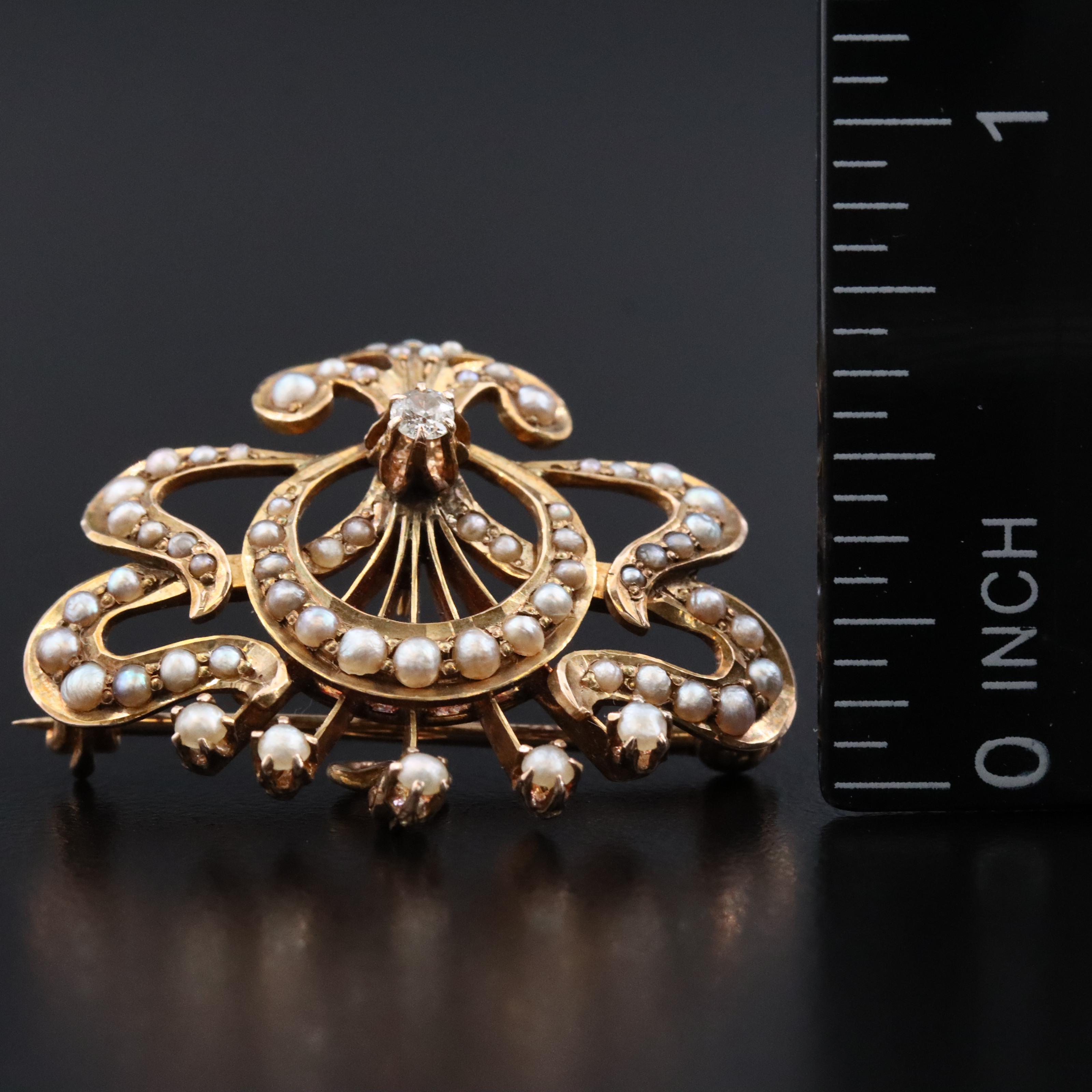Art Nouveau 10K Diamond and Seed Pearl Crescent Converter Watch Pin