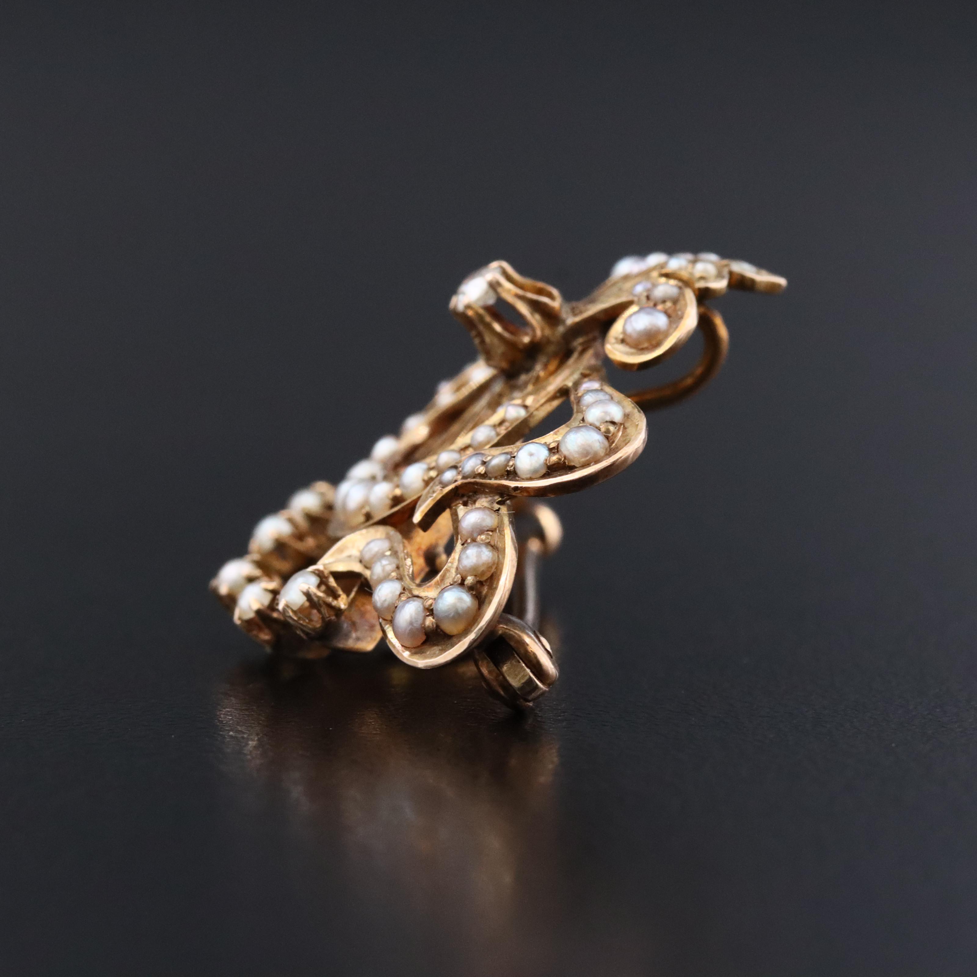 Art Nouveau 10K Diamond and Seed Pearl Crescent Converter Watch Pin