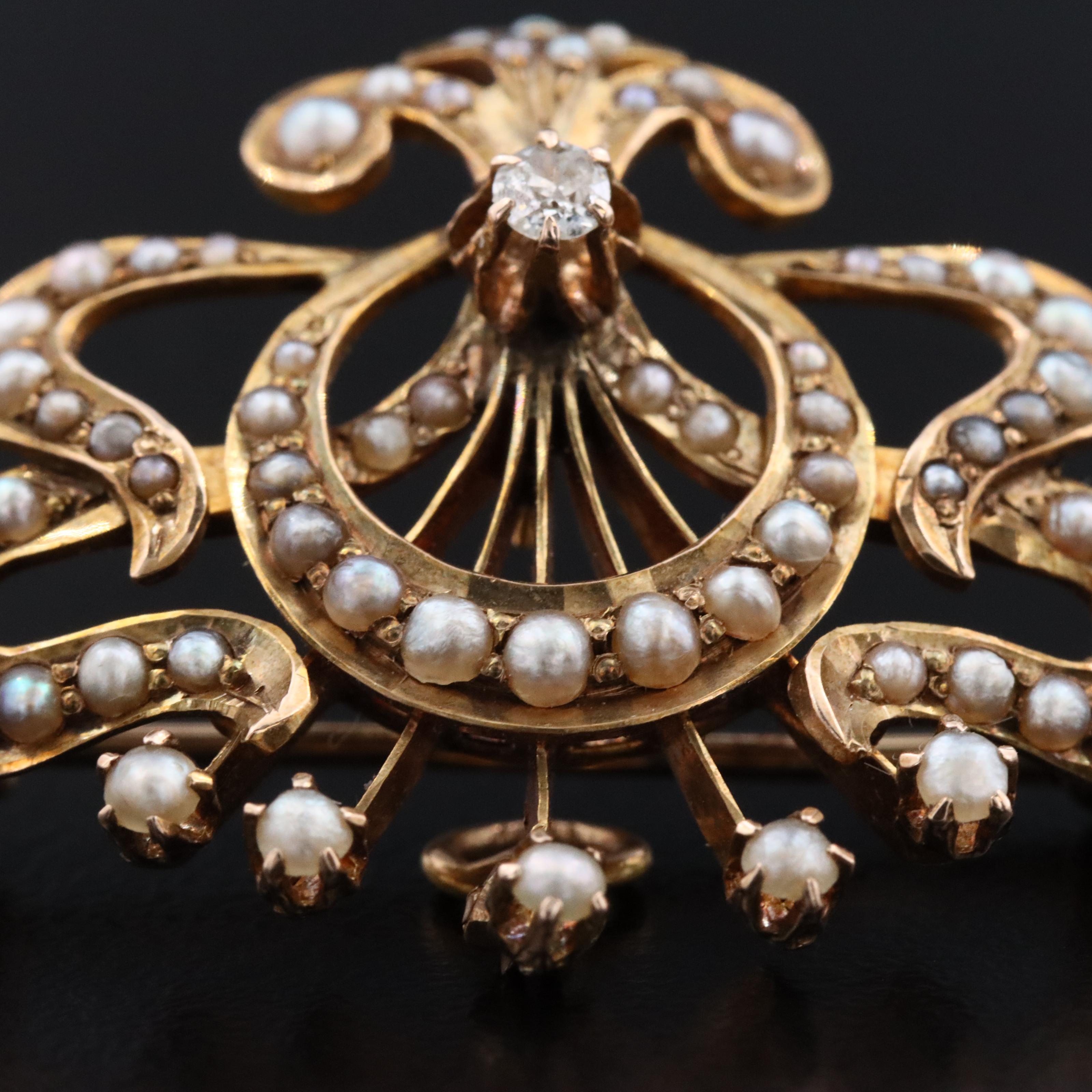 Art Nouveau 10K Diamond and Seed Pearl Crescent Converter Watch Pin