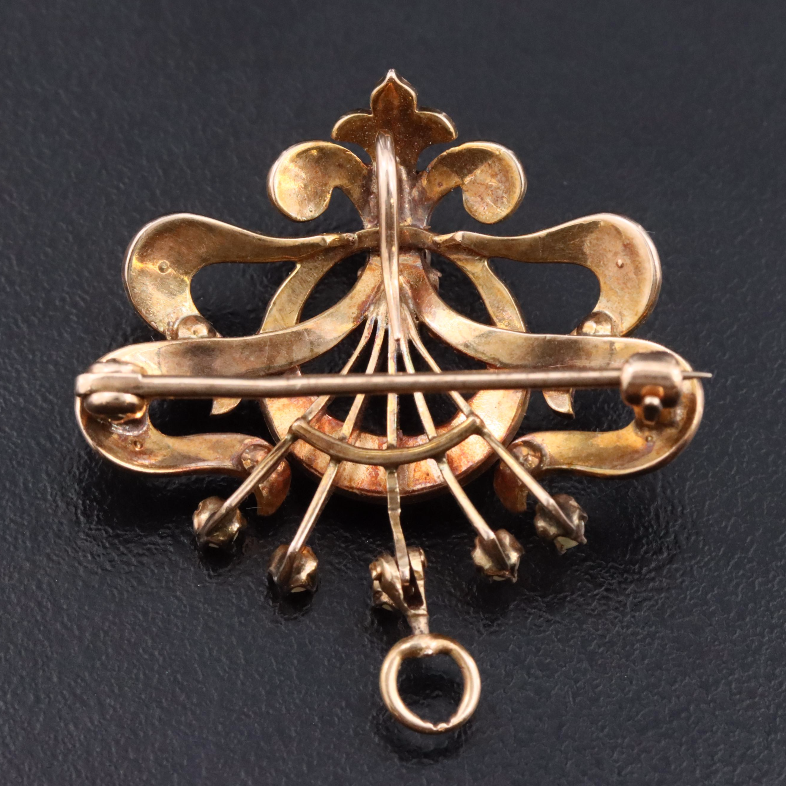Art Nouveau 10K Diamond and Seed Pearl Crescent Converter Watch Pin