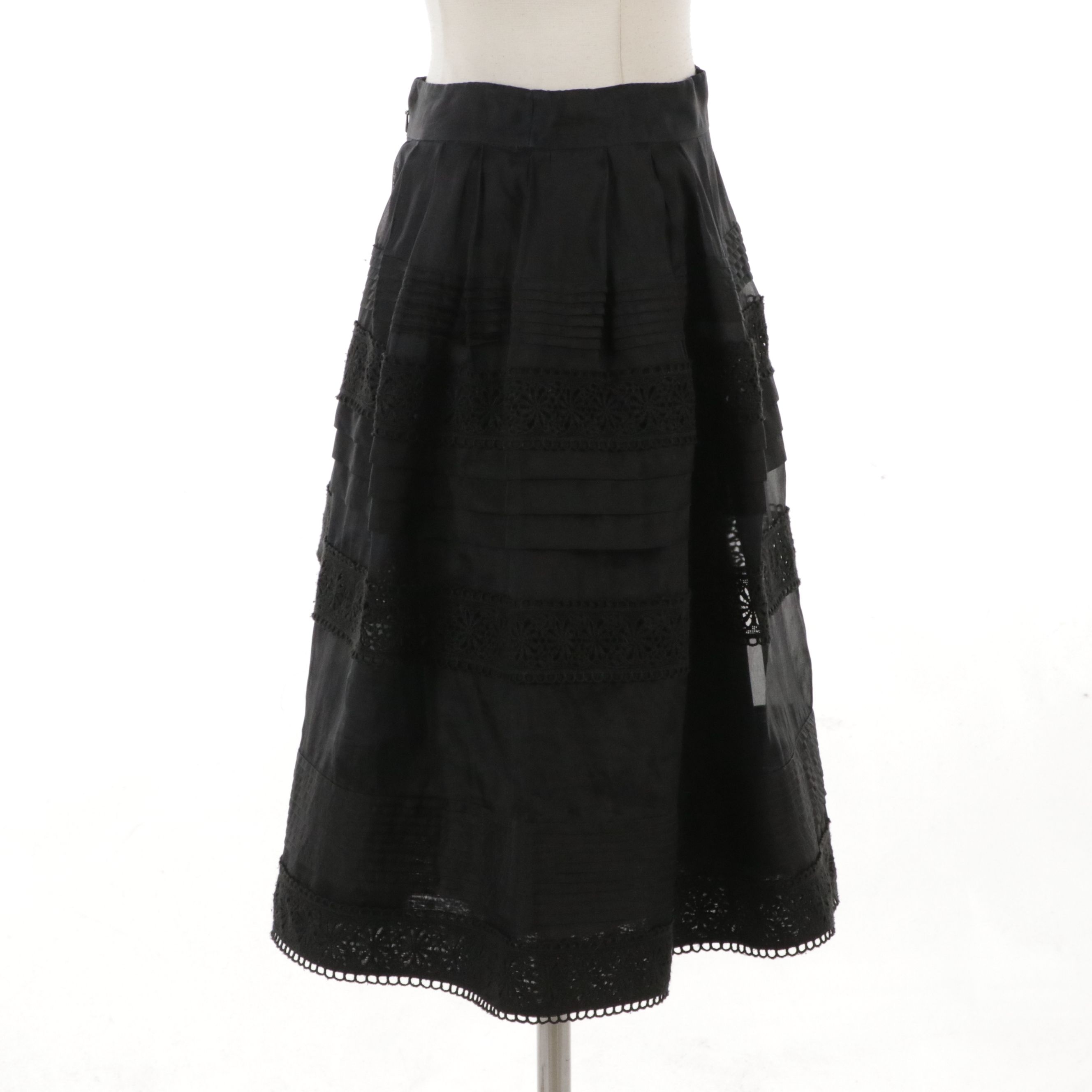 Temperley London Black Tiered Silk Skirt with Lace Detailing