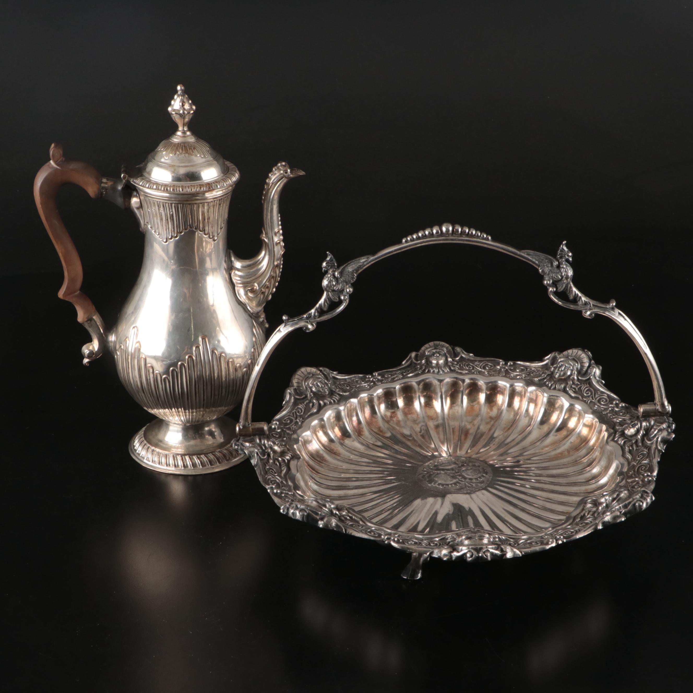 Silver Plate Portrait Medallion Swing Basket with Wooden Handled Coffee Pot