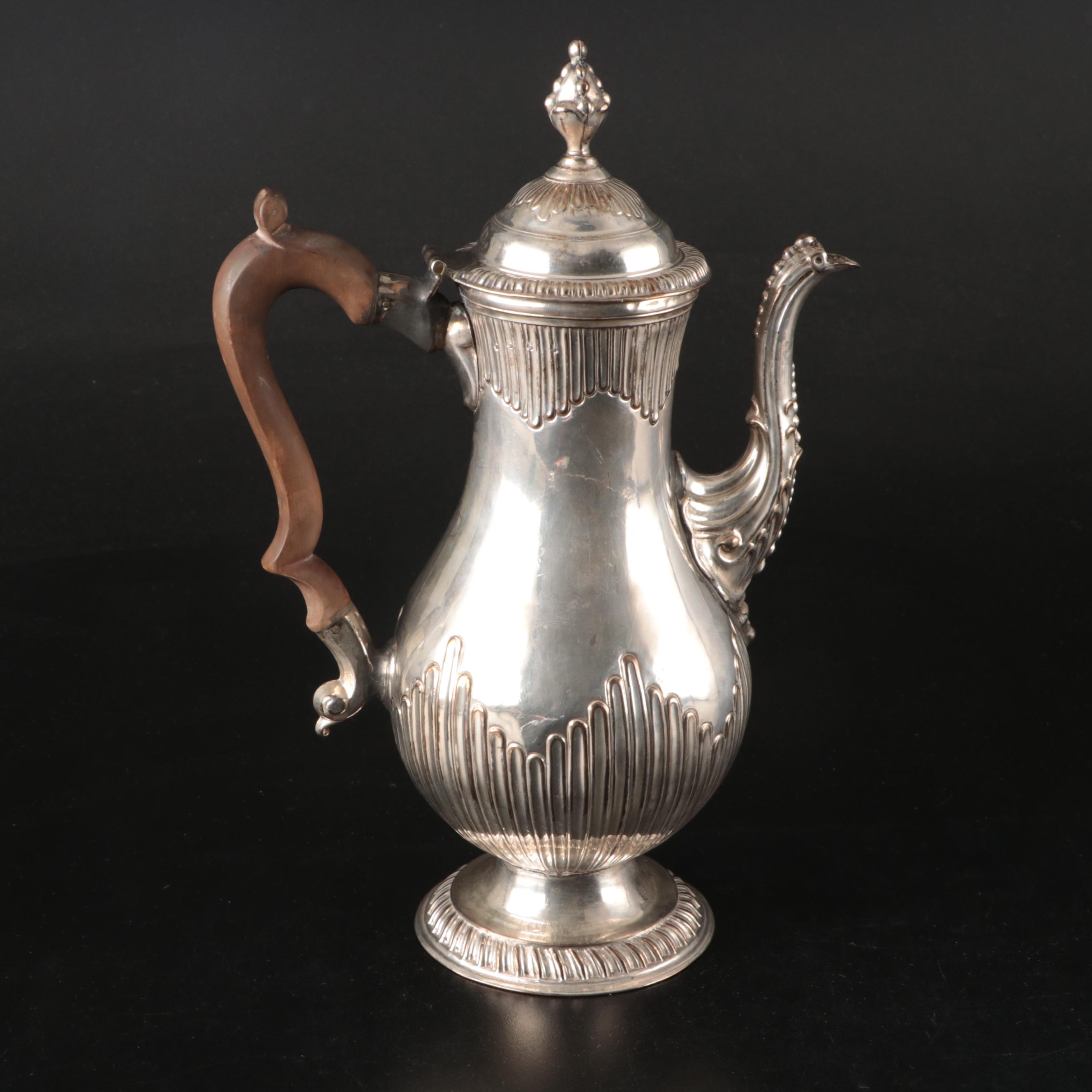 Silver Plate Portrait Medallion Swing Basket with Wooden Handled Coffee Pot