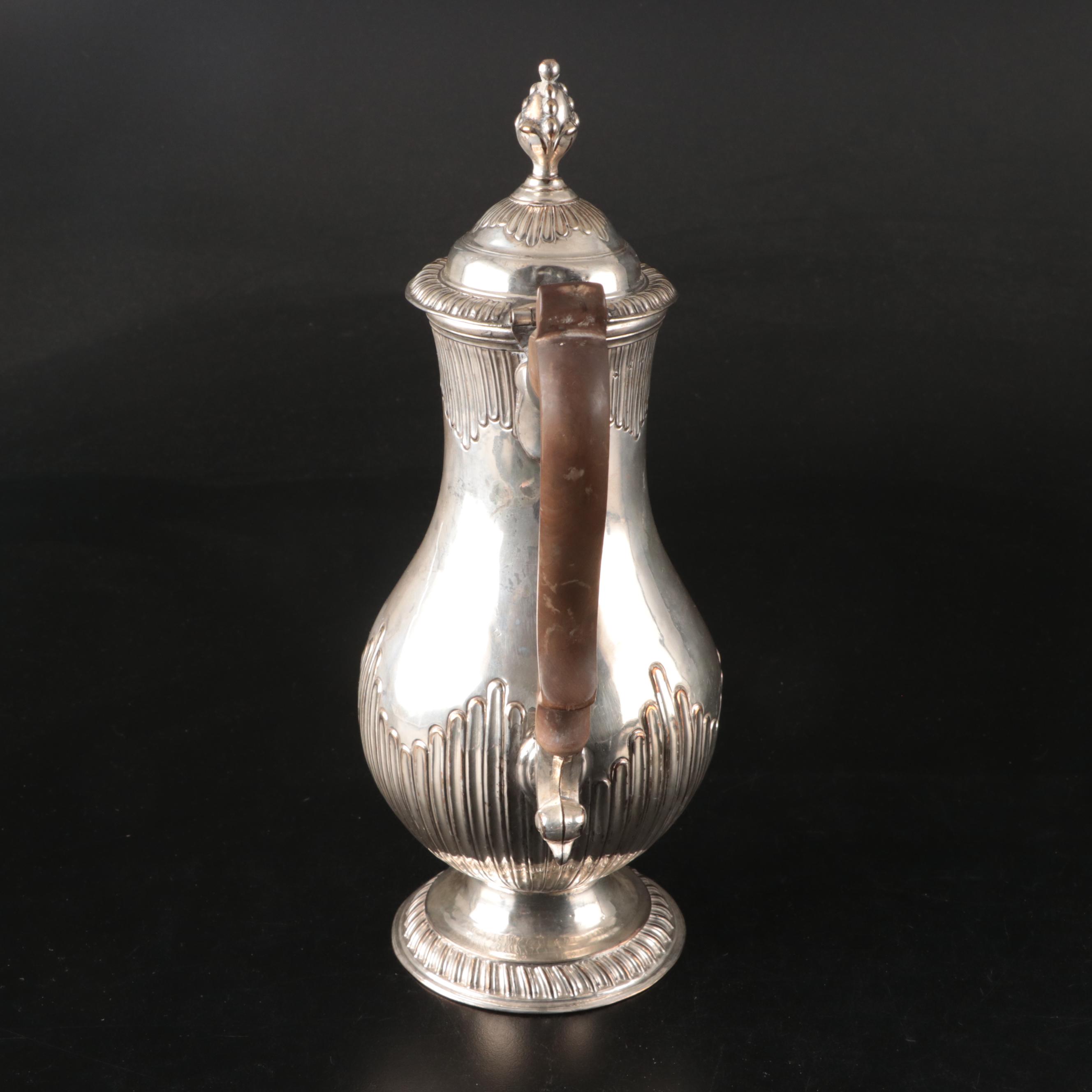 Silver Plate Portrait Medallion Swing Basket with Wooden Handled Coffee Pot