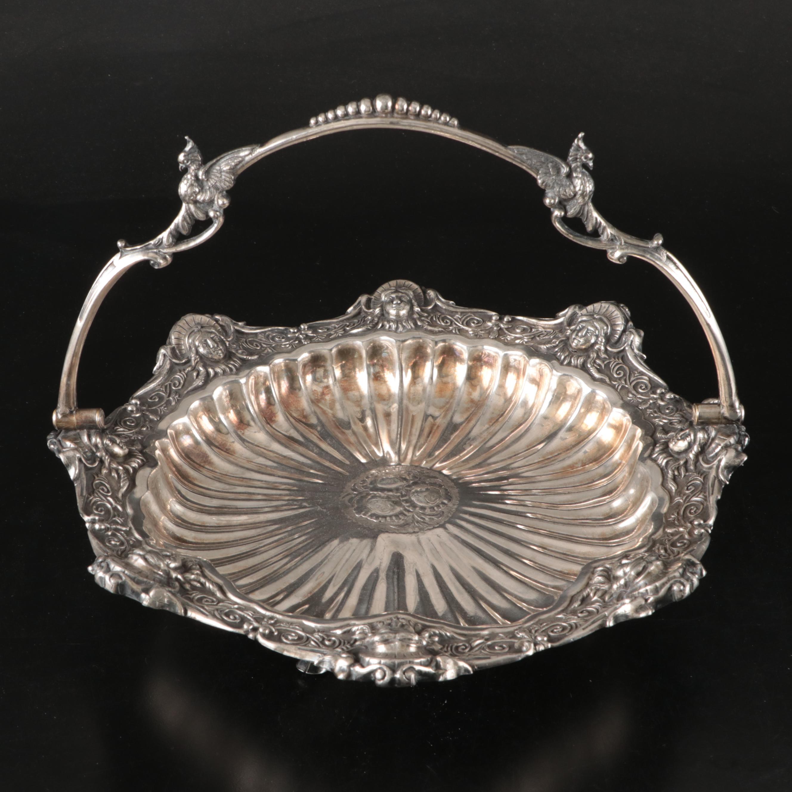 Silver Plate Portrait Medallion Swing Basket with Wooden Handled Coffee Pot