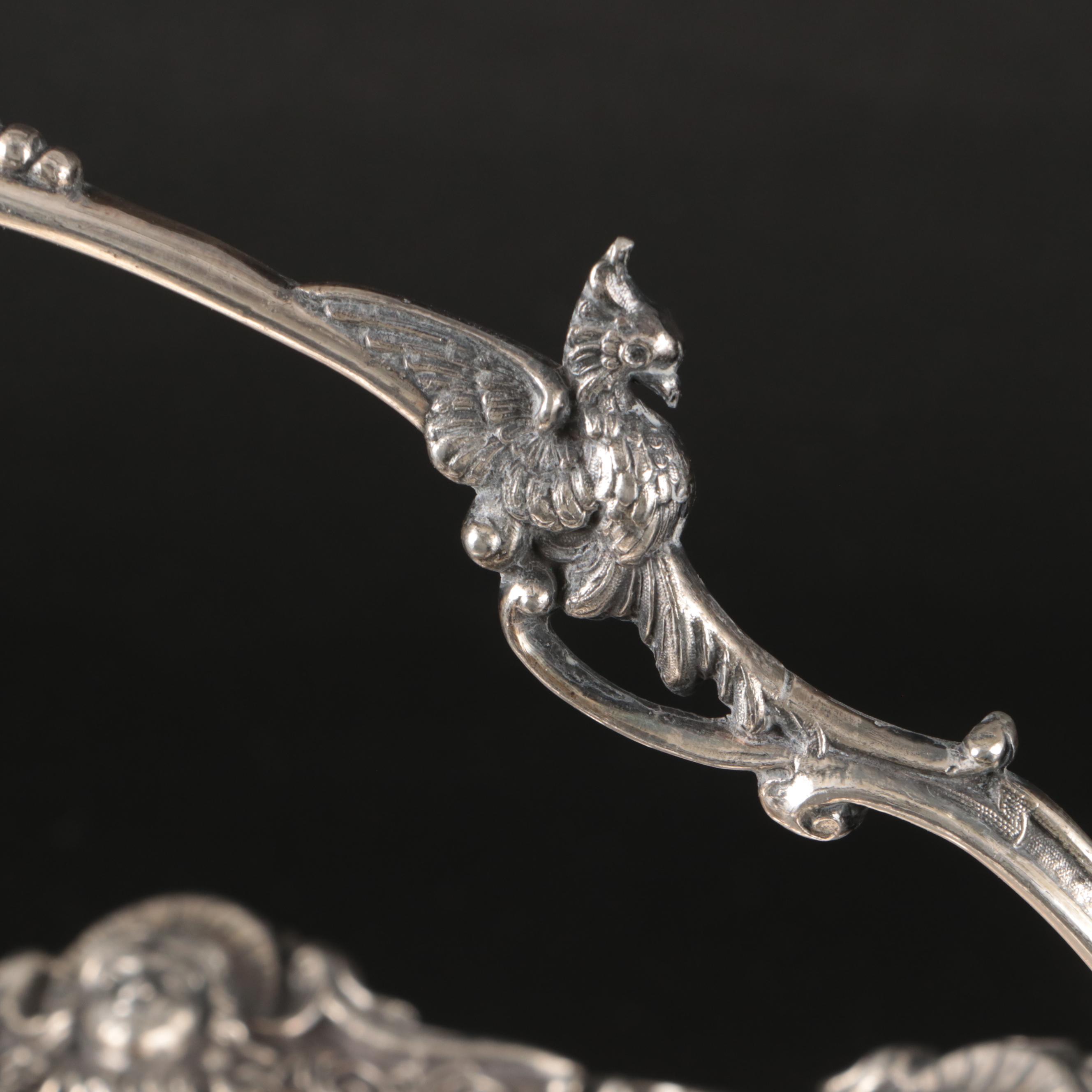 Silver Plate Portrait Medallion Swing Basket with Wooden Handled Coffee Pot