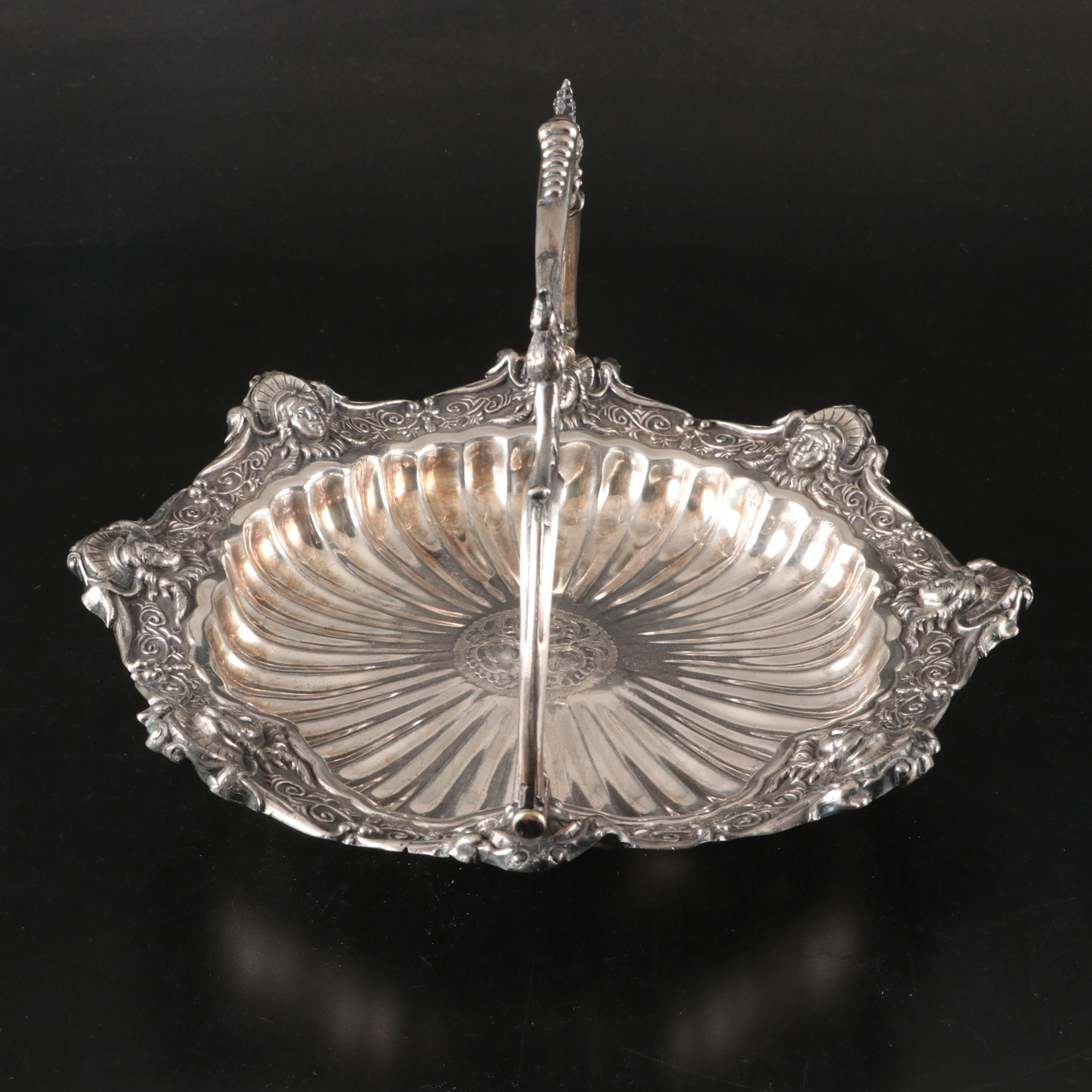 Silver Plate Portrait Medallion Swing Basket with Wooden Handled Coffee Pot