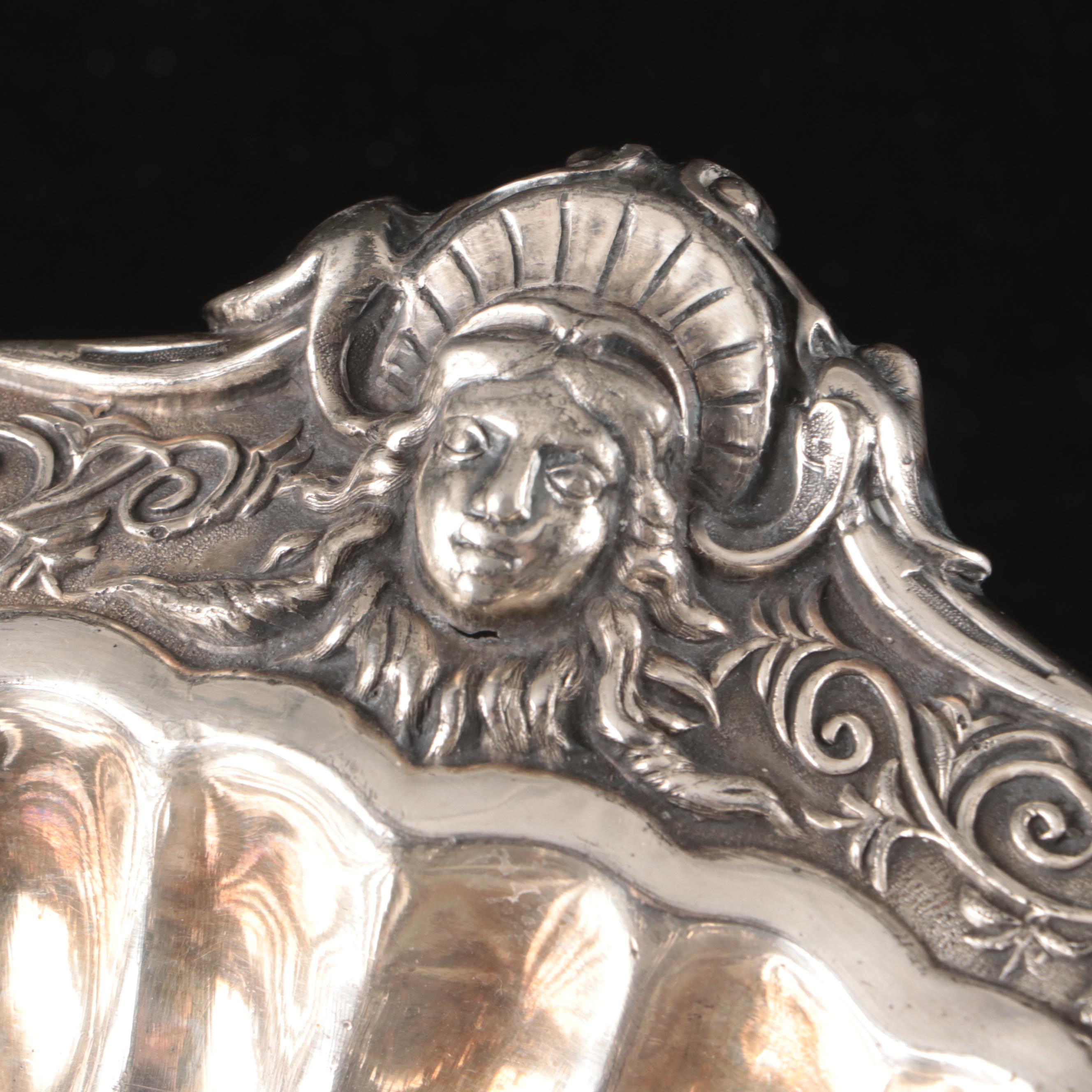 Silver Plate Portrait Medallion Swing Basket with Wooden Handled Coffee Pot