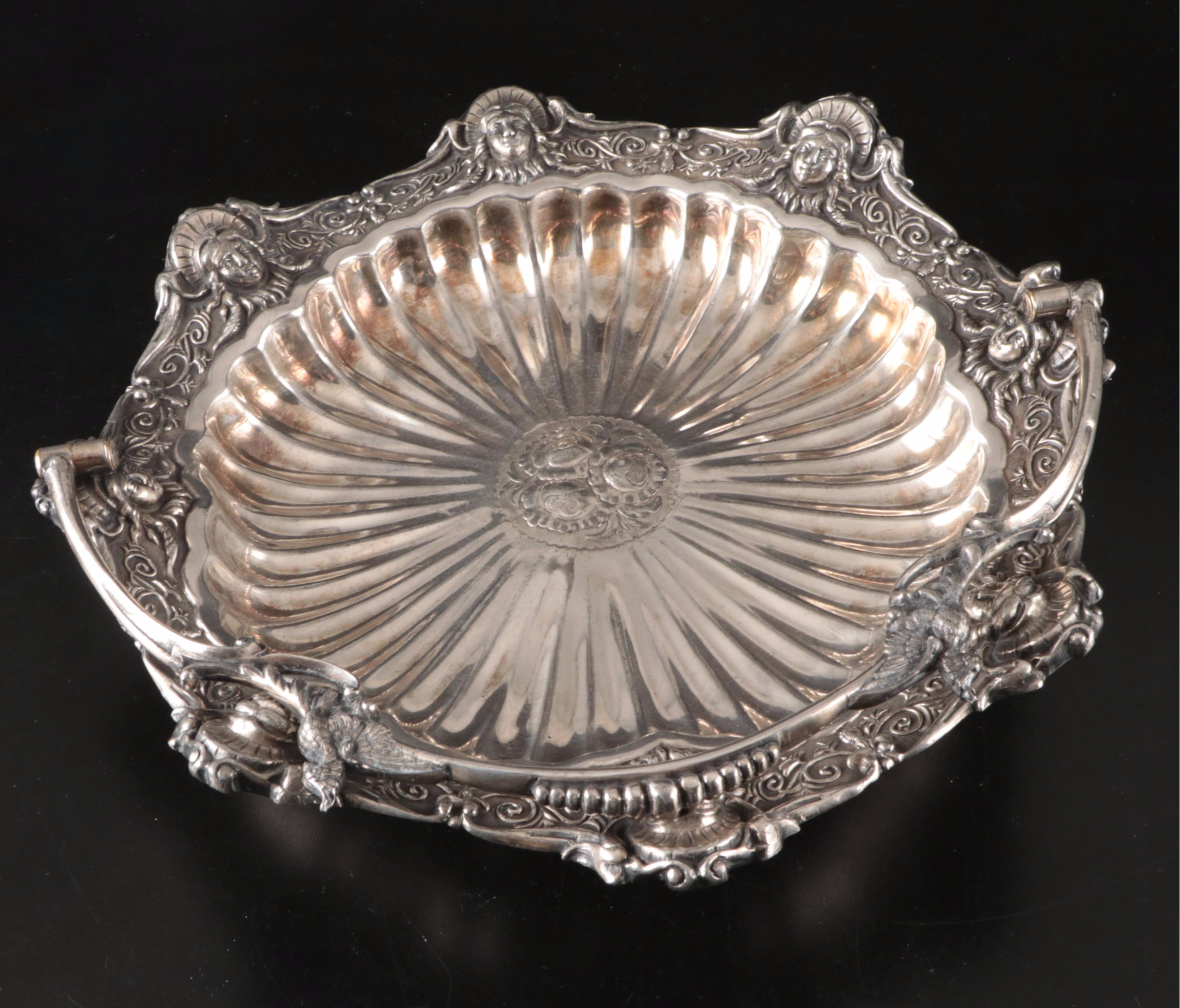 Silver Plate Portrait Medallion Swing Basket with Wooden Handled Coffee Pot