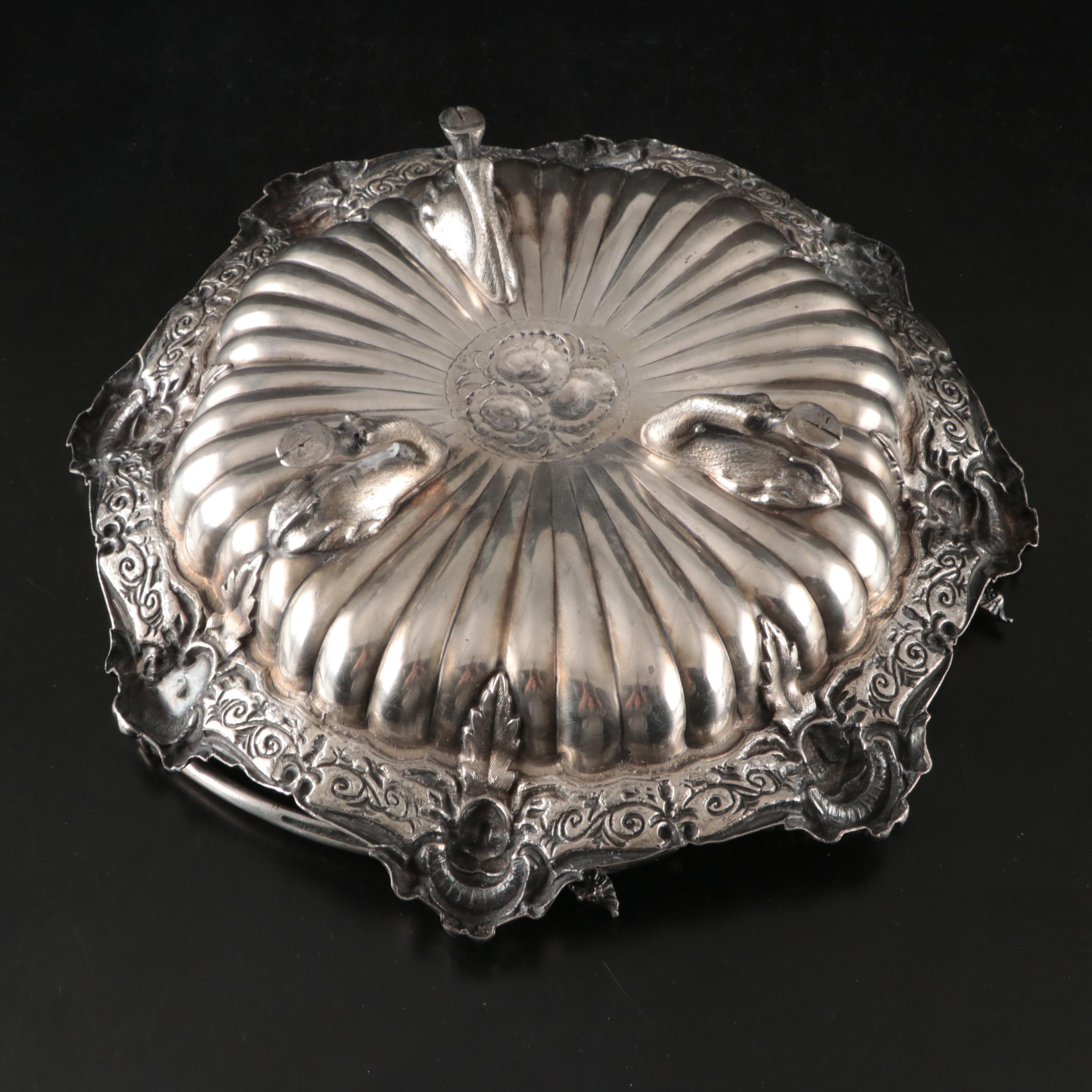 Silver Plate Portrait Medallion Swing Basket with Wooden Handled Coffee Pot