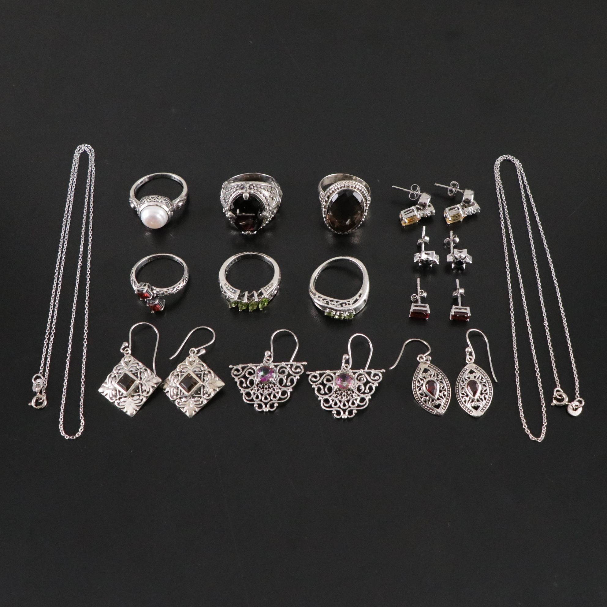 14 Assorted Sterling Silver Rings, Necklaces and Earrings