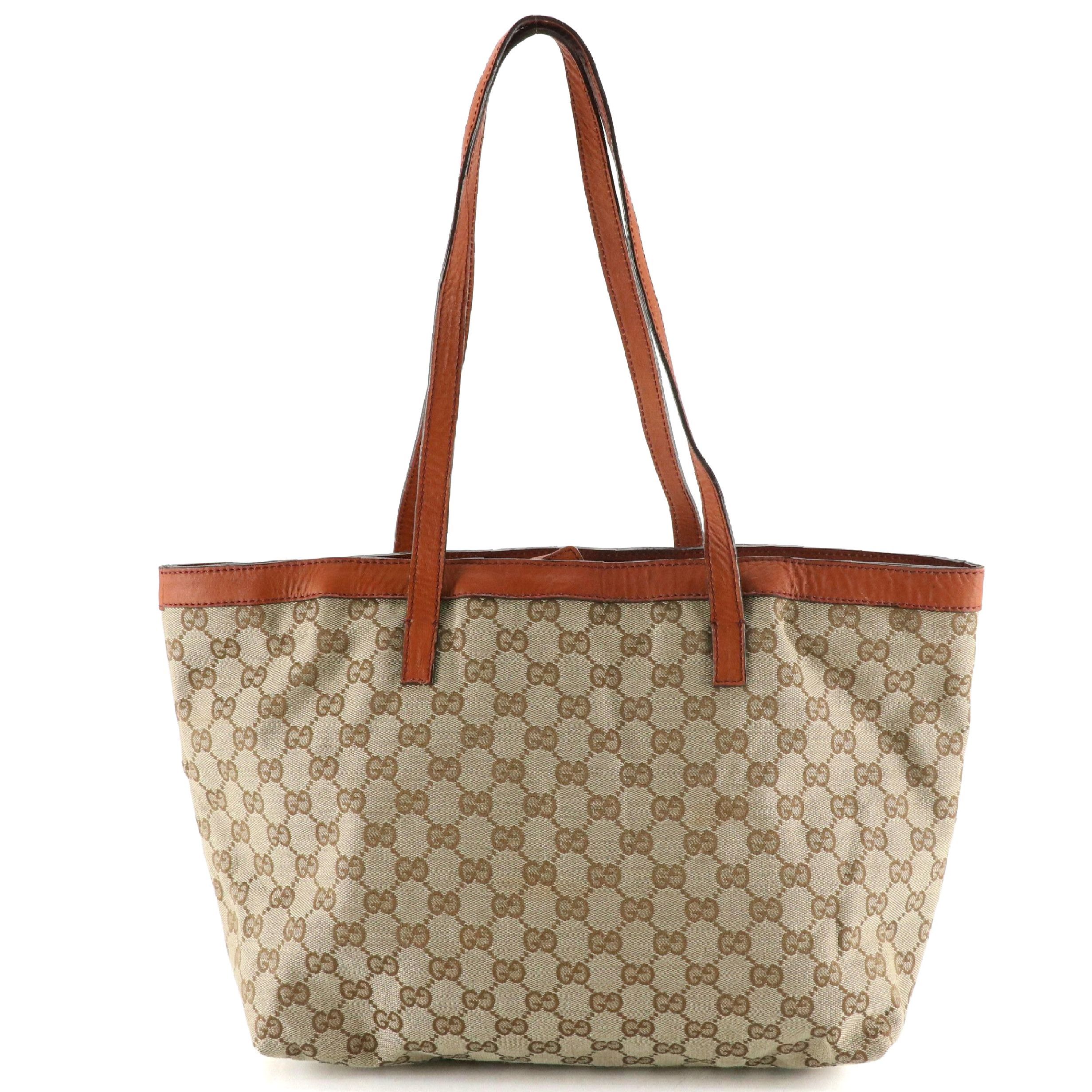 Gucci Shoulder Tote Bag in GG Canvas and Burnt Orange Leather Trim