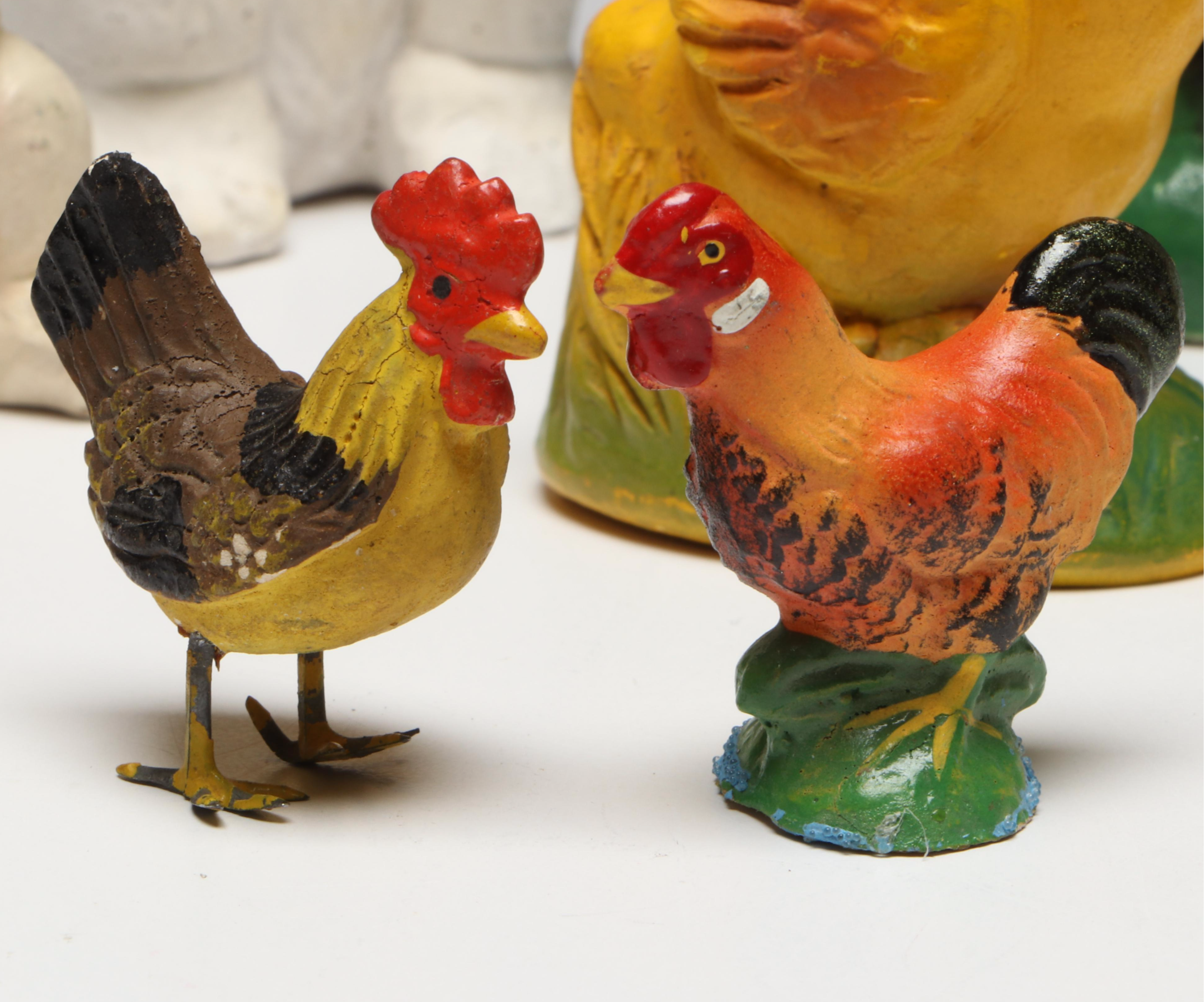 Chalkware Easter Bunny, Chick and Rooster Figurines, Mid-20th Century