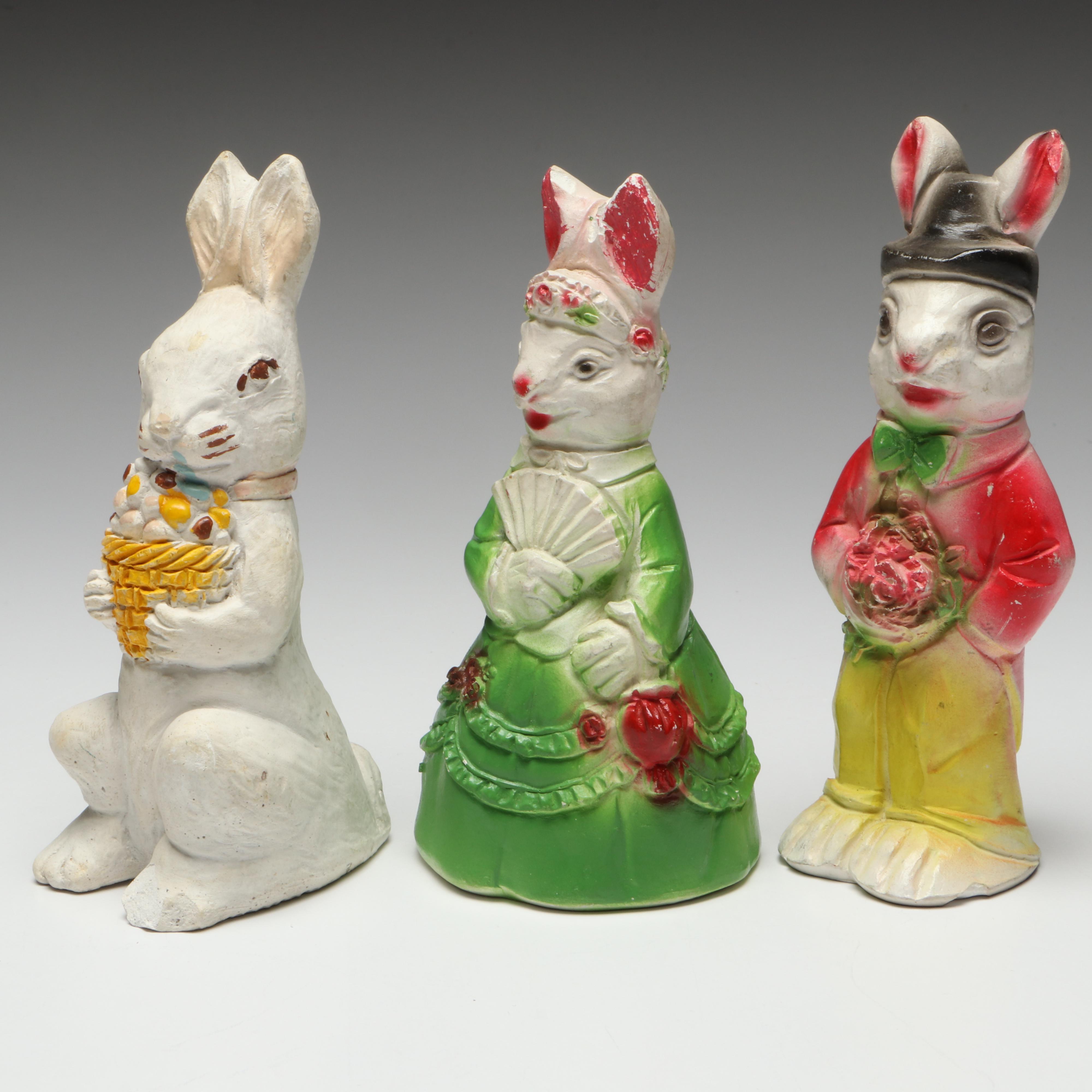 Chalkware Easter Bunny, Chick and Rooster Figurines, Mid-20th Century