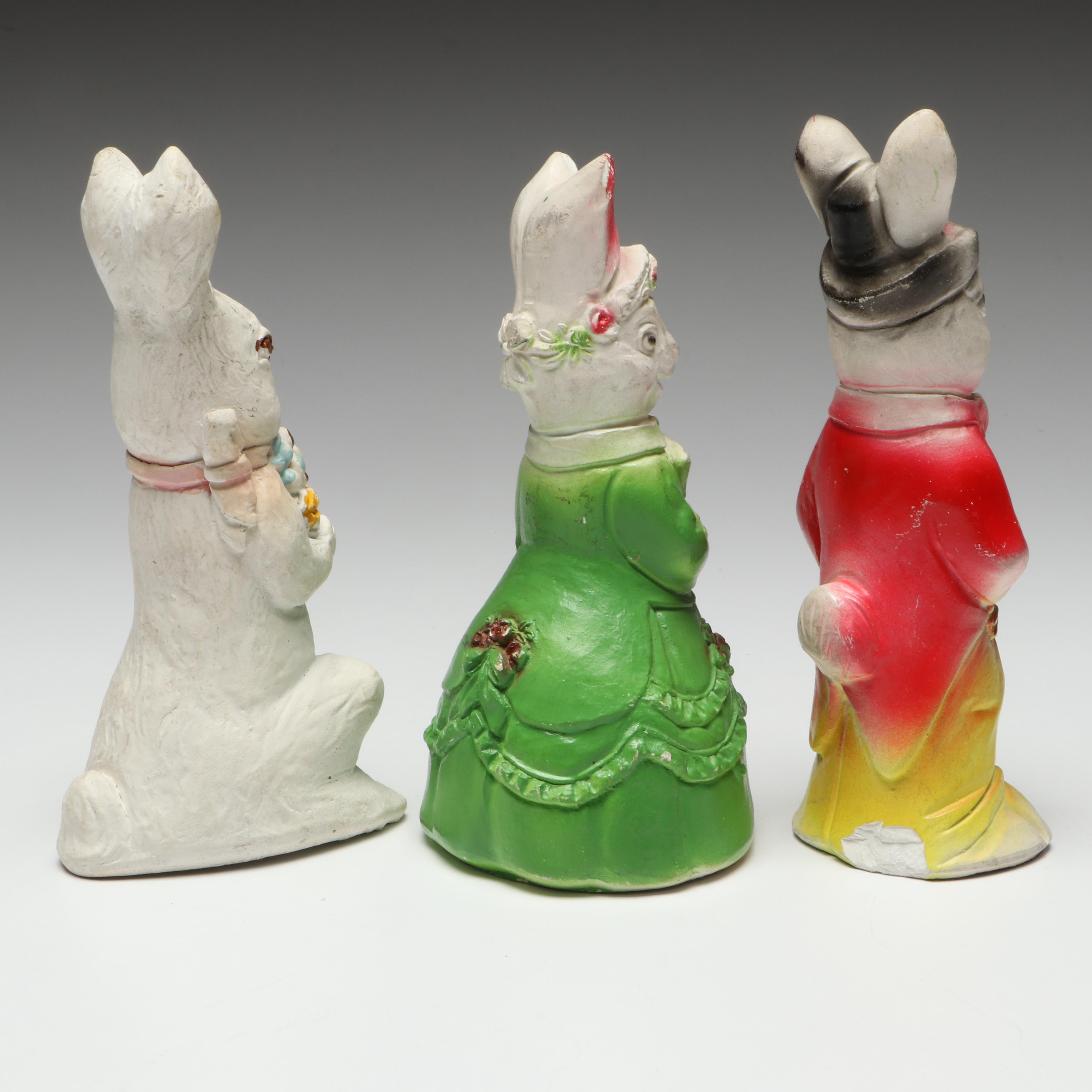 Chalkware Easter Bunny, Chick and Rooster Figurines, Mid-20th Century