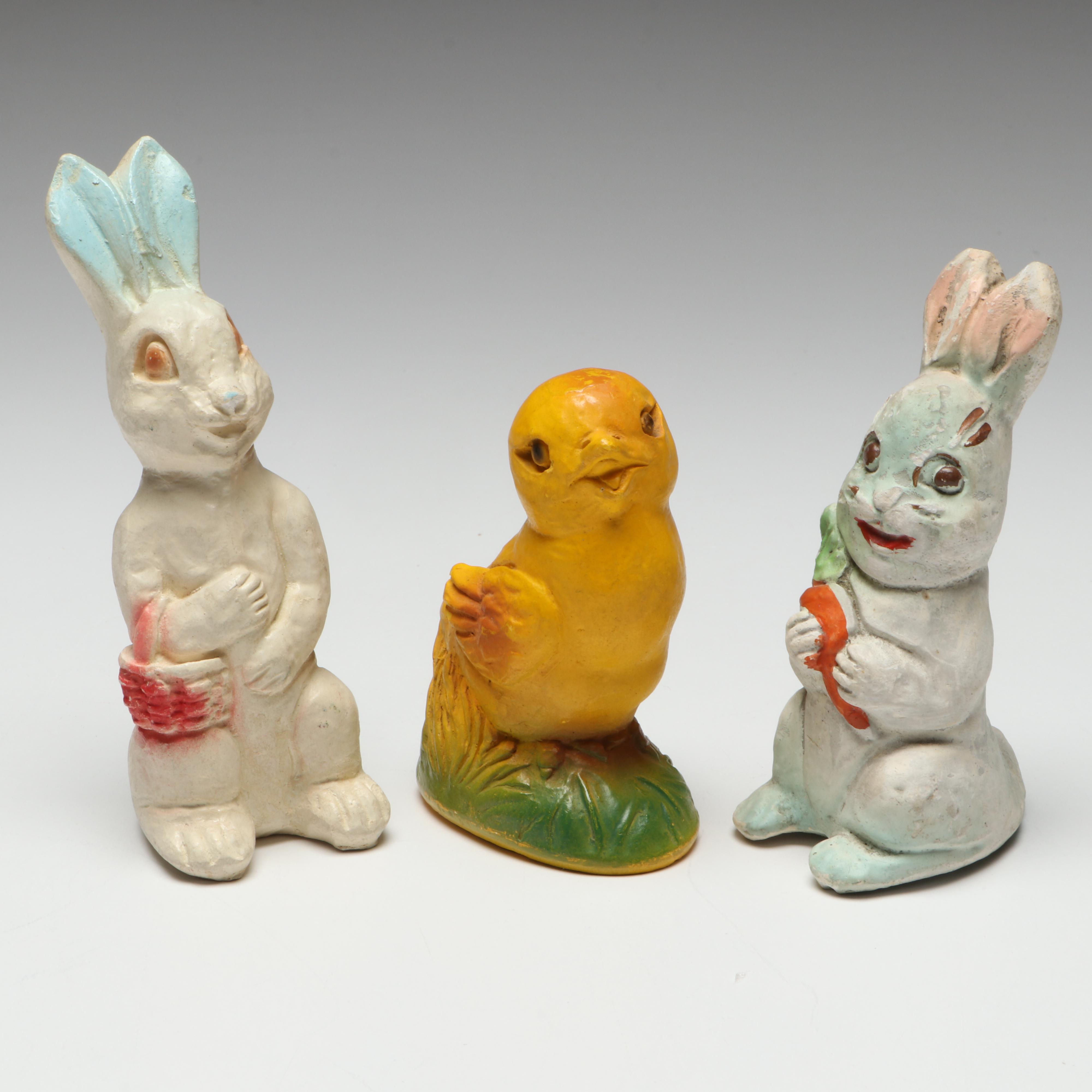 Chalkware Easter Bunny, Chick and Rooster Figurines, Mid-20th Century