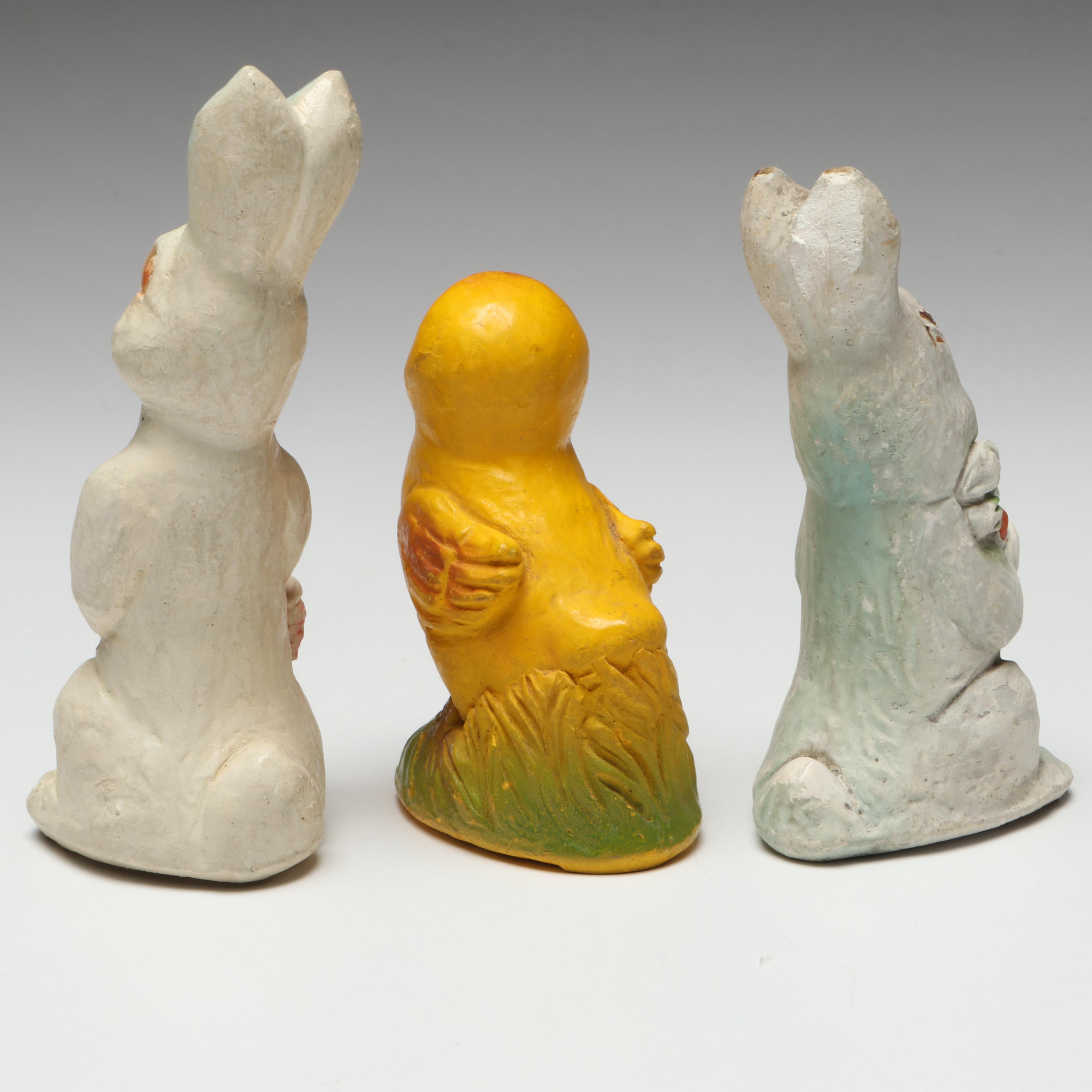 Chalkware Easter Bunny, Chick and Rooster Figurines, Mid-20th Century