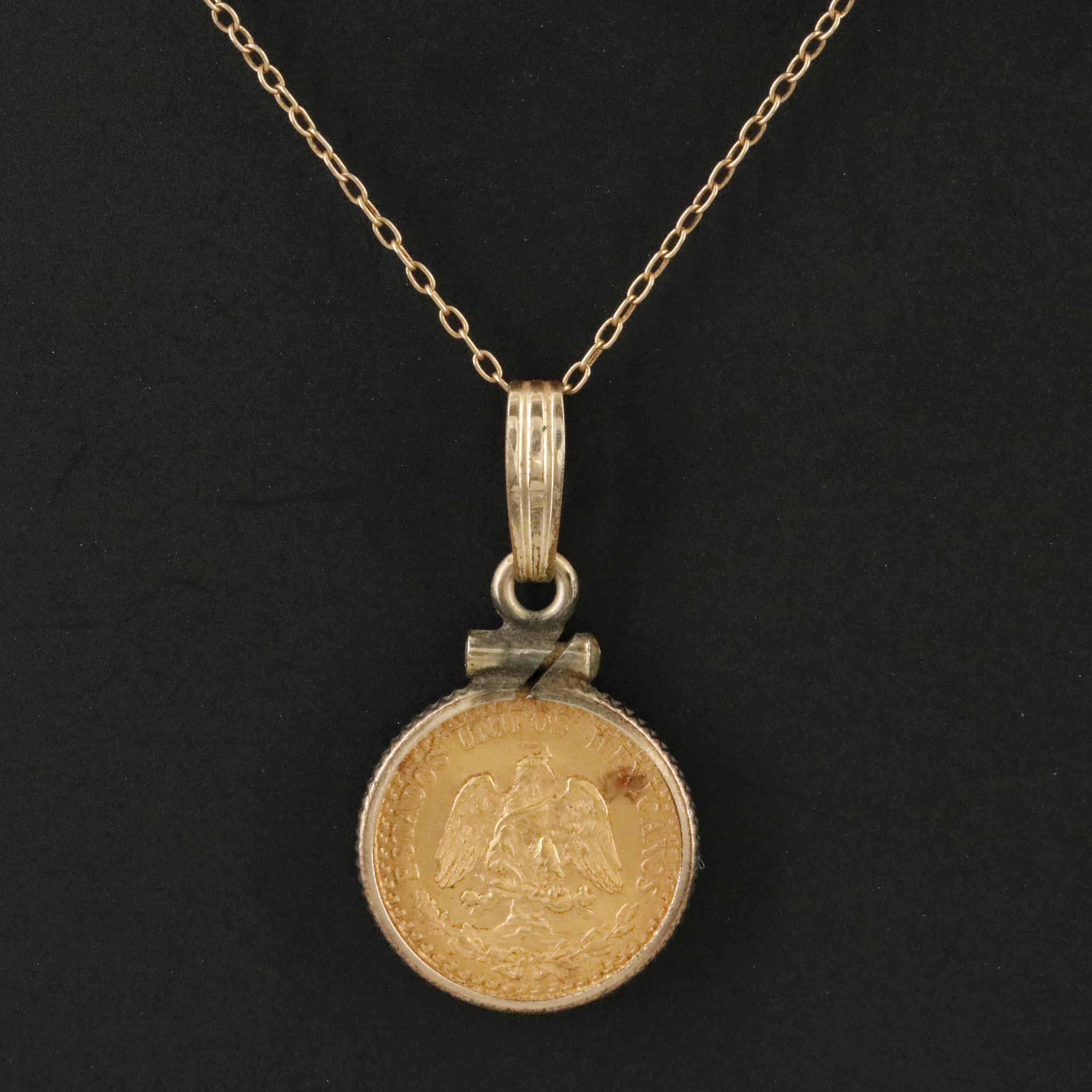 14K Pendant Necklace with 1945 Mexico 2 Peso Coin