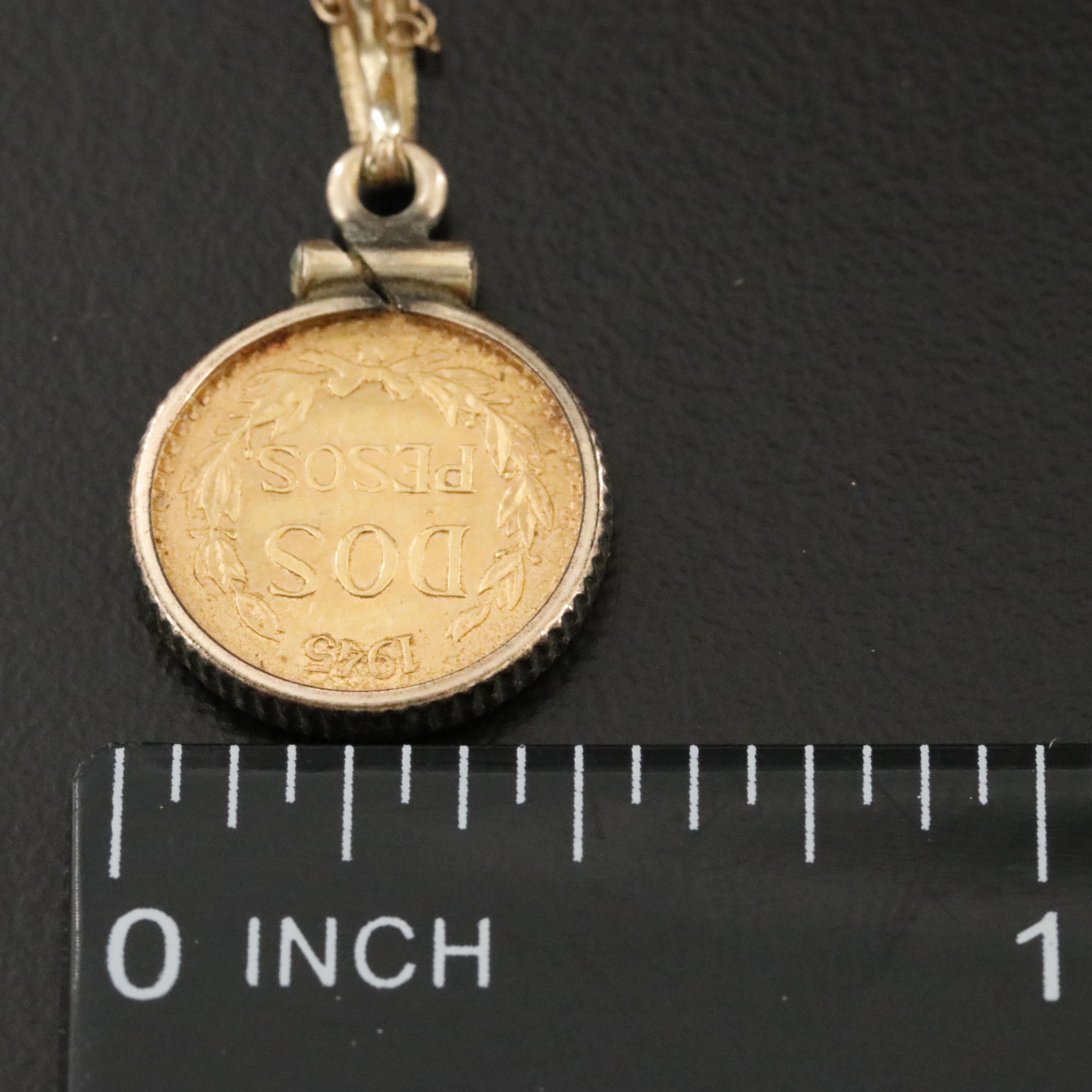 14K Pendant Necklace with 1945 Mexico 2 Peso Coin