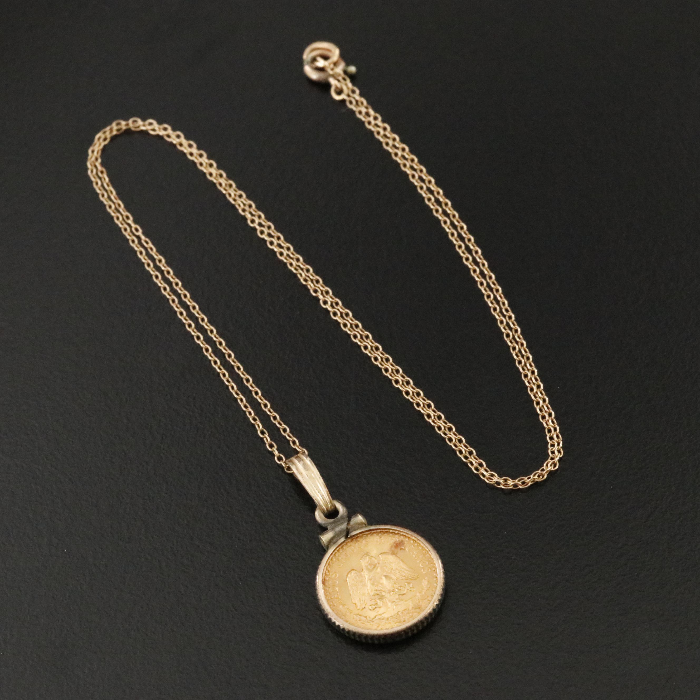 14K Pendant Necklace with 1945 Mexico 2 Peso Coin