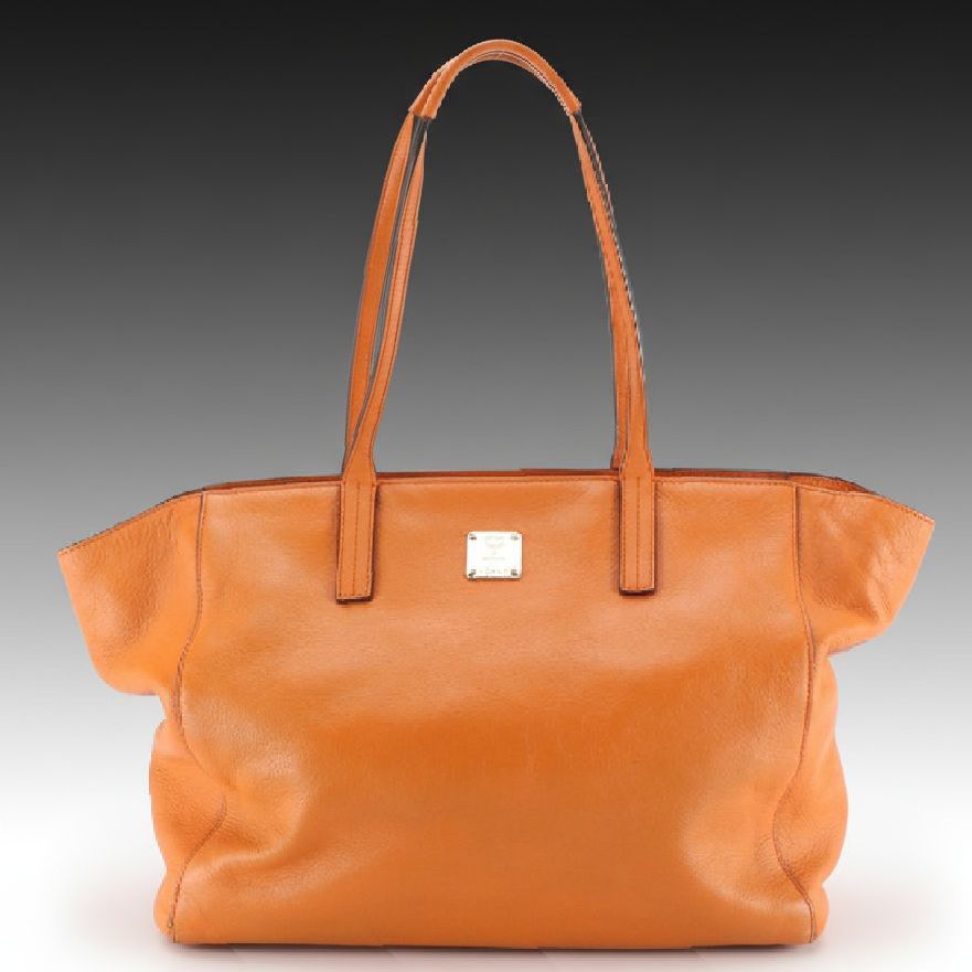 MCM Large Tote Bag in Orange Grained Calfskin Leather