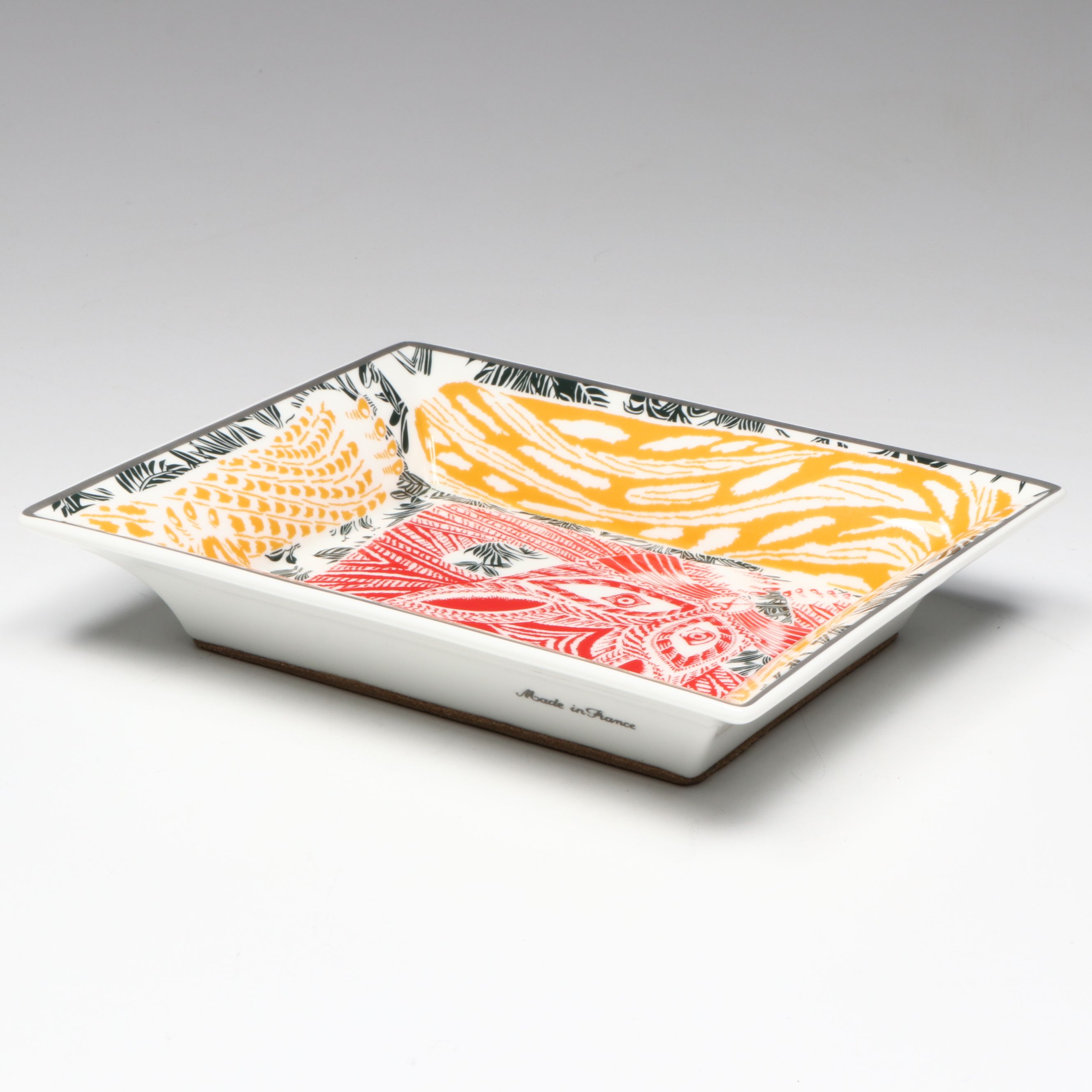 Hermès "Chat Carre" Porcelain and Velvet Goatskin Change Tray