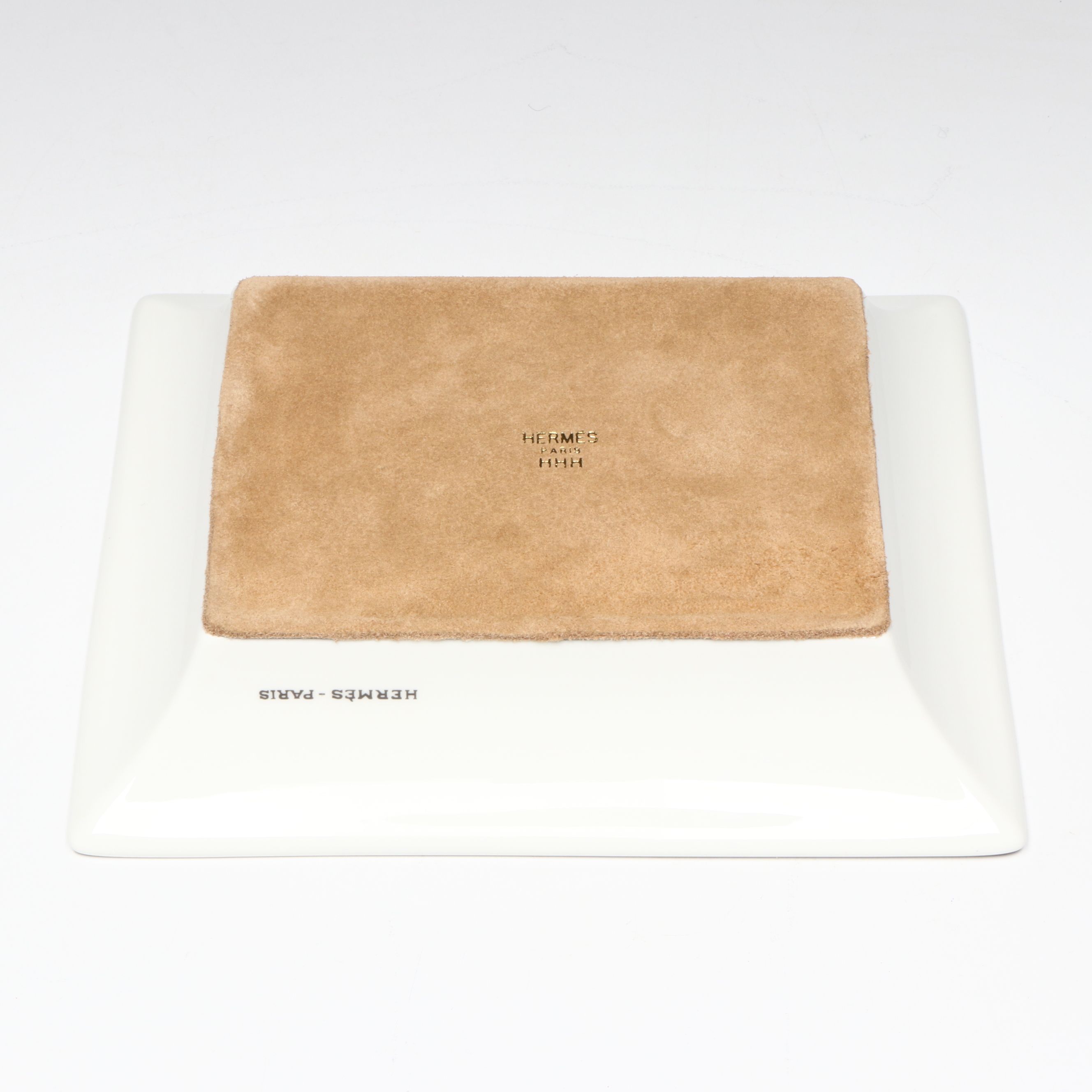 Hermès "Chat Carre" Porcelain and Velvet Goatskin Change Tray