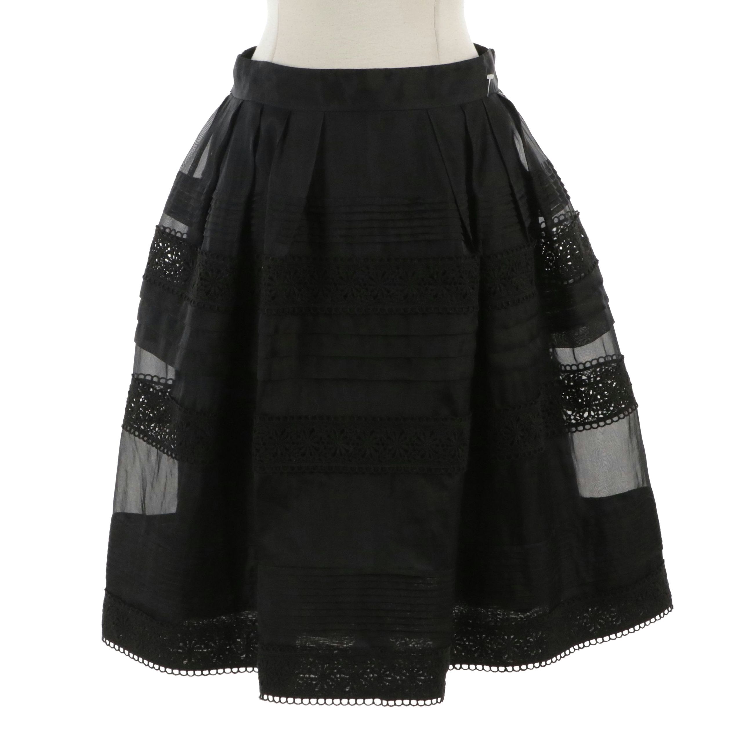 Temperley London Black Tiered Silk Skirt with Lace Detailing